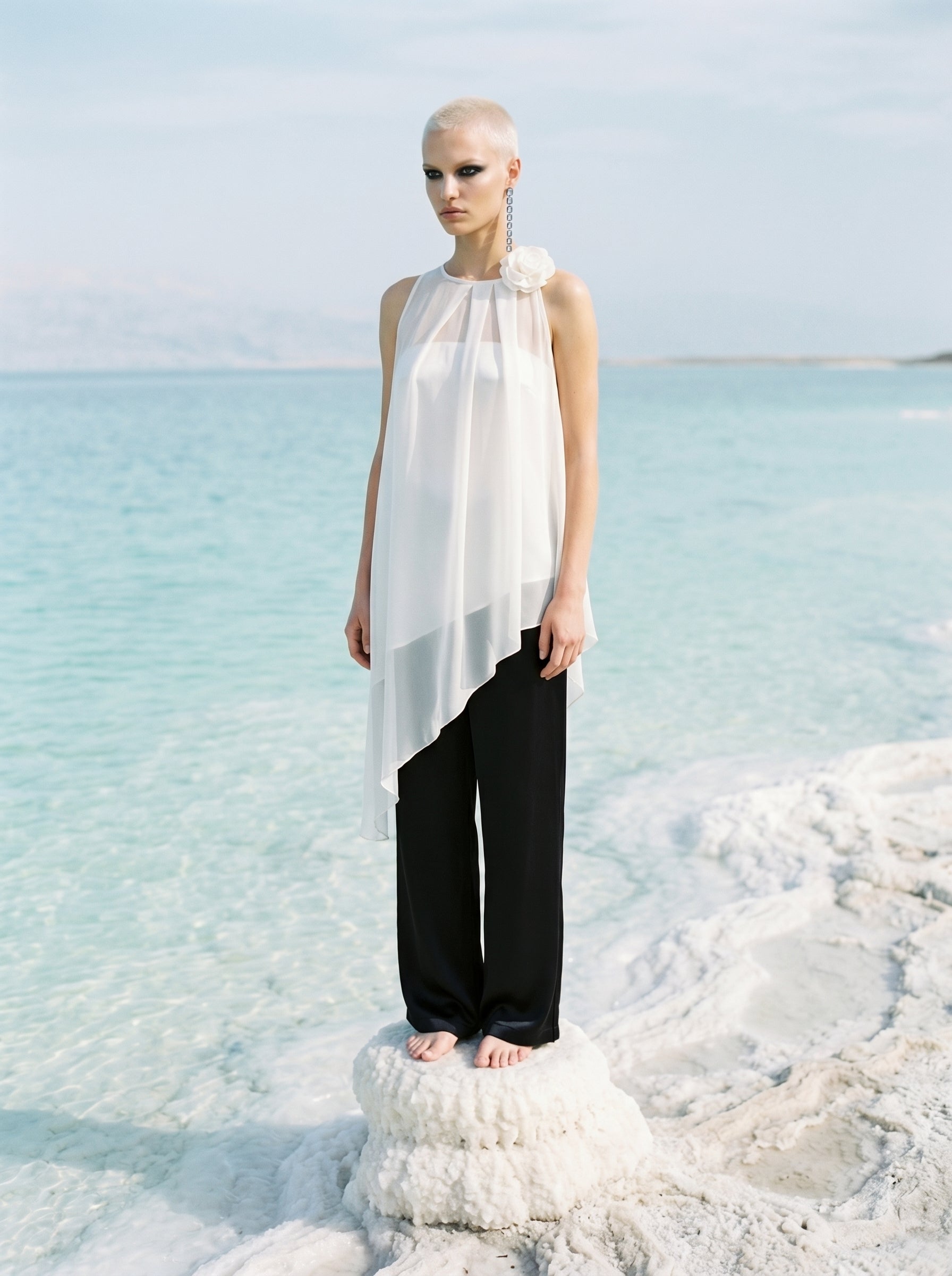 Two-Piece Asymmetrical Satin And Chiffon Top