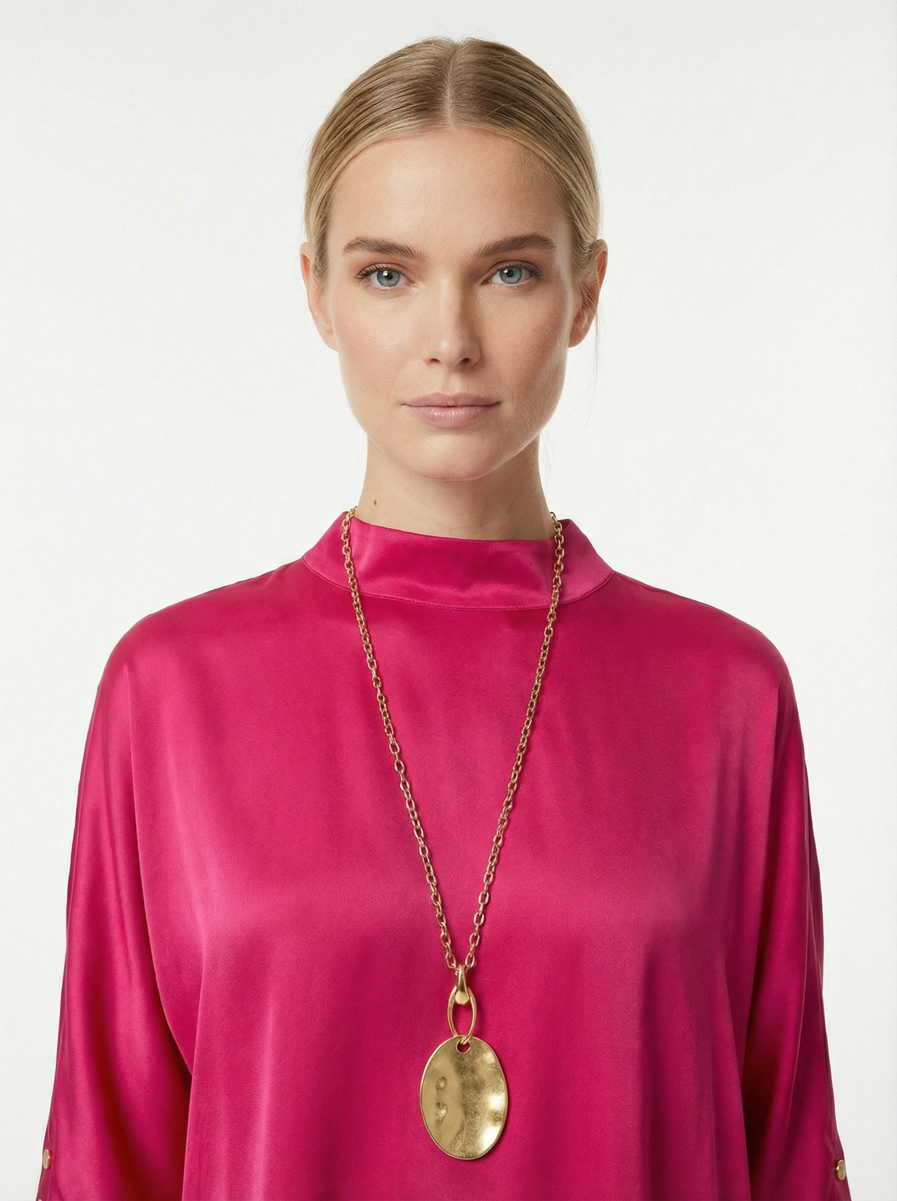 Fuchsia Asymmetric Satin Top With Keyhole Back