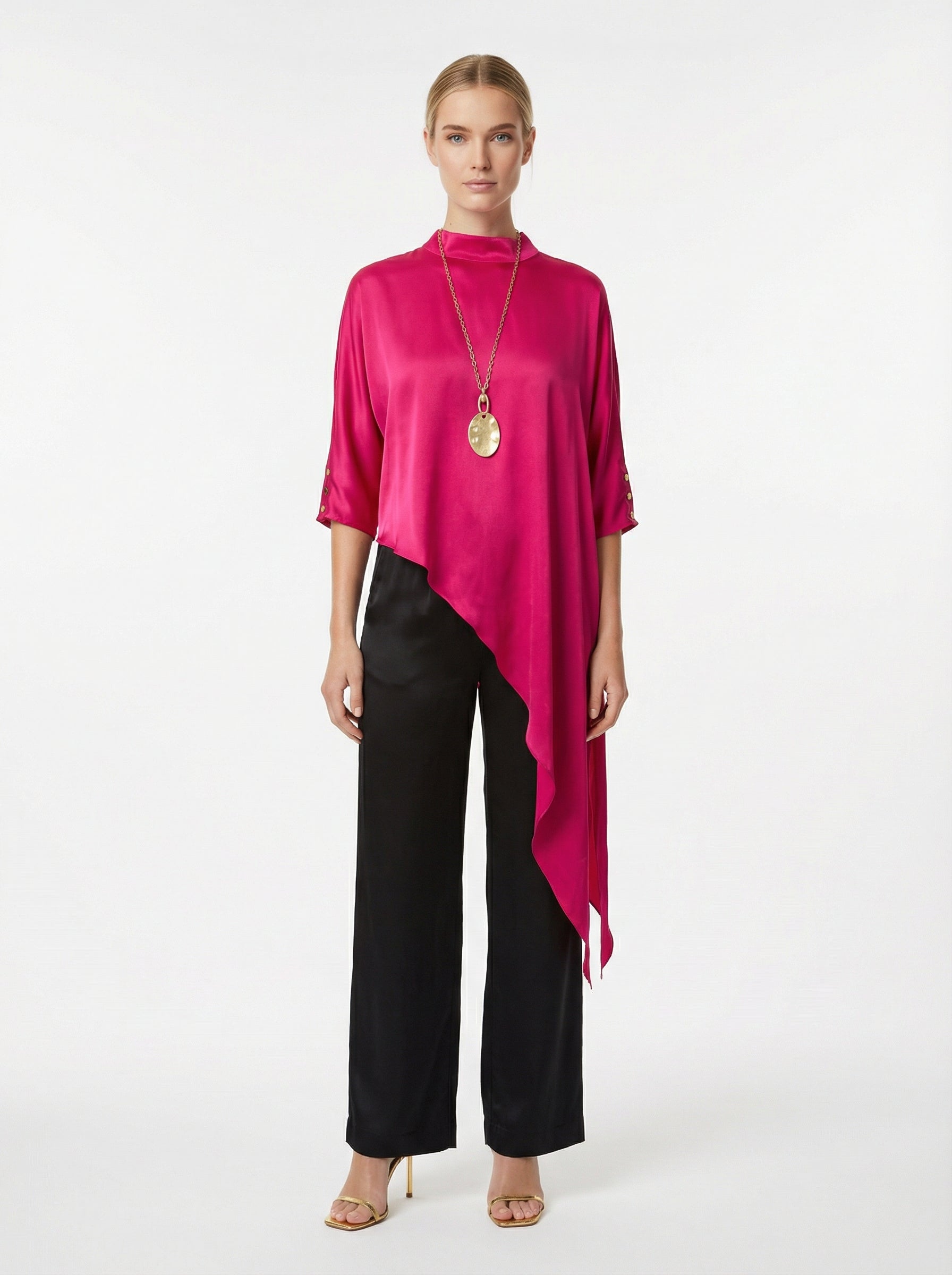 Fuchsia Asymmetric Satin Top With Keyhole Back