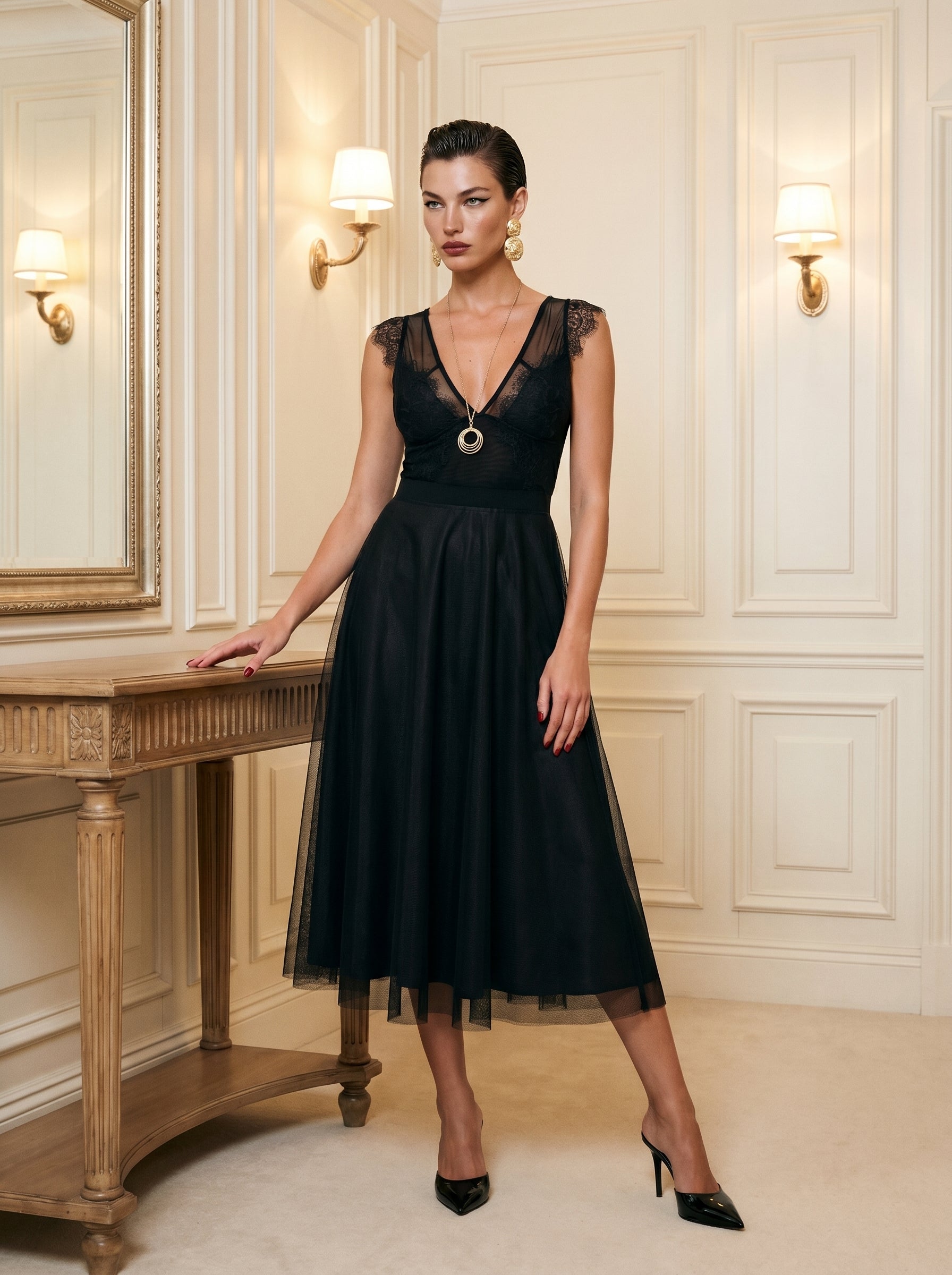 Black Lace V-Neck Midi Dress With Tulle Skirt