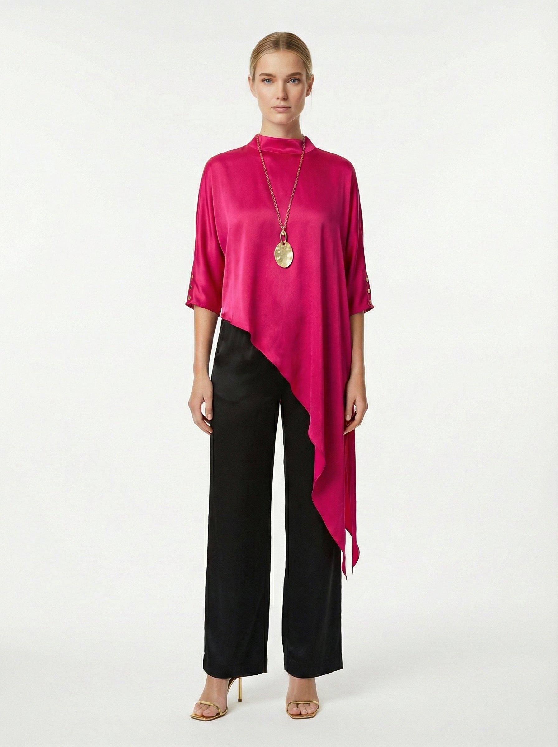 Fuchsia Asymmetric Satin Top With Keyhole Back
