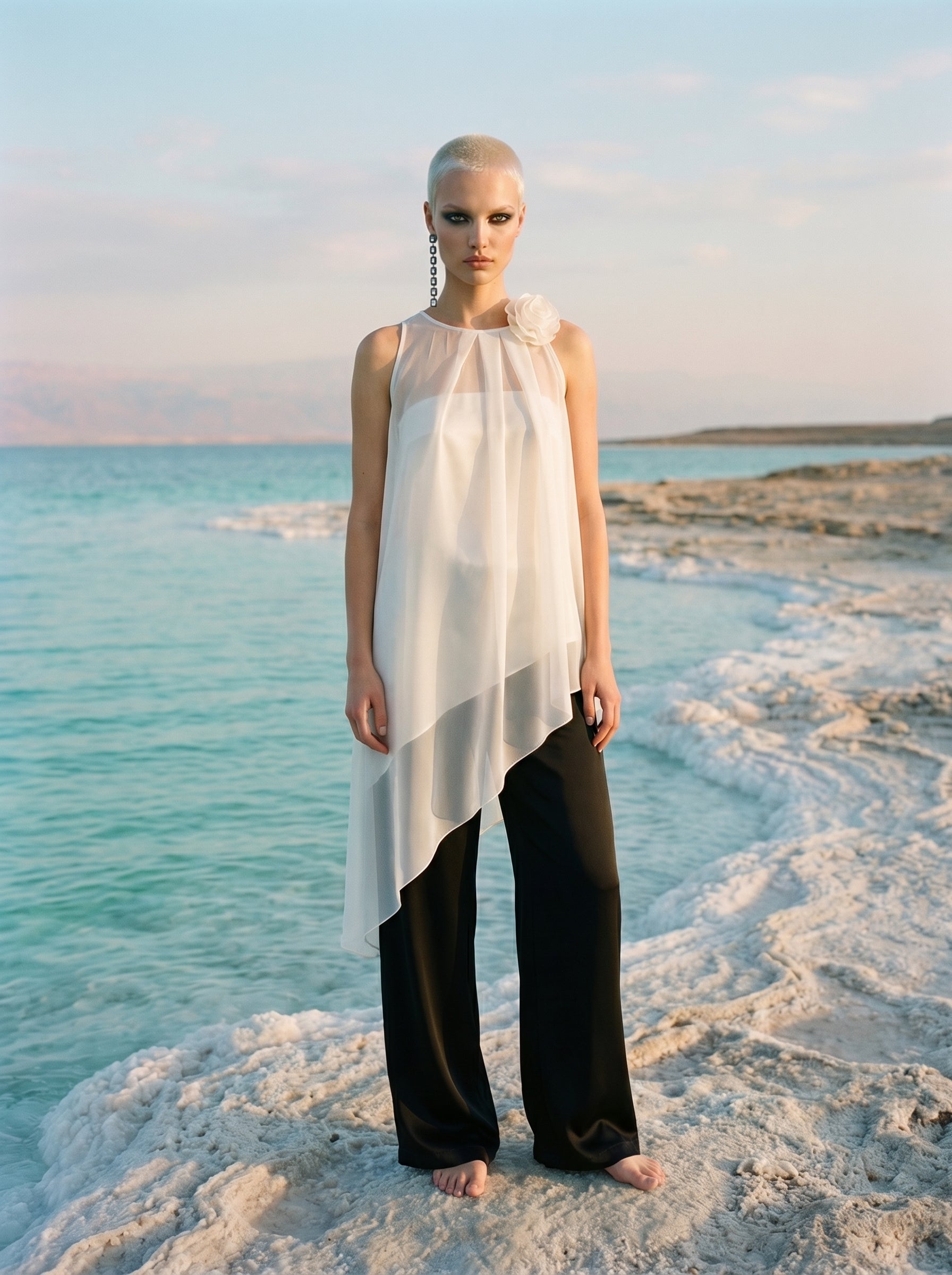 Two-Piece Asymmetrical Satin And Chiffon Top