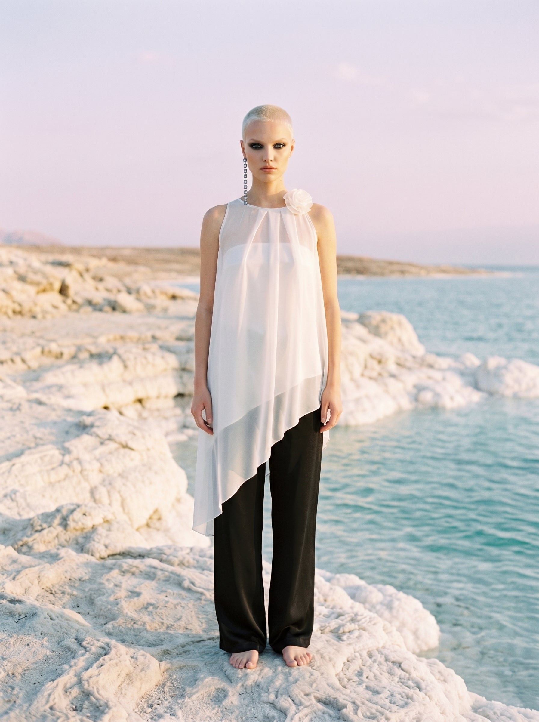 Two-Piece Asymmetrical Satin And Chiffon Top