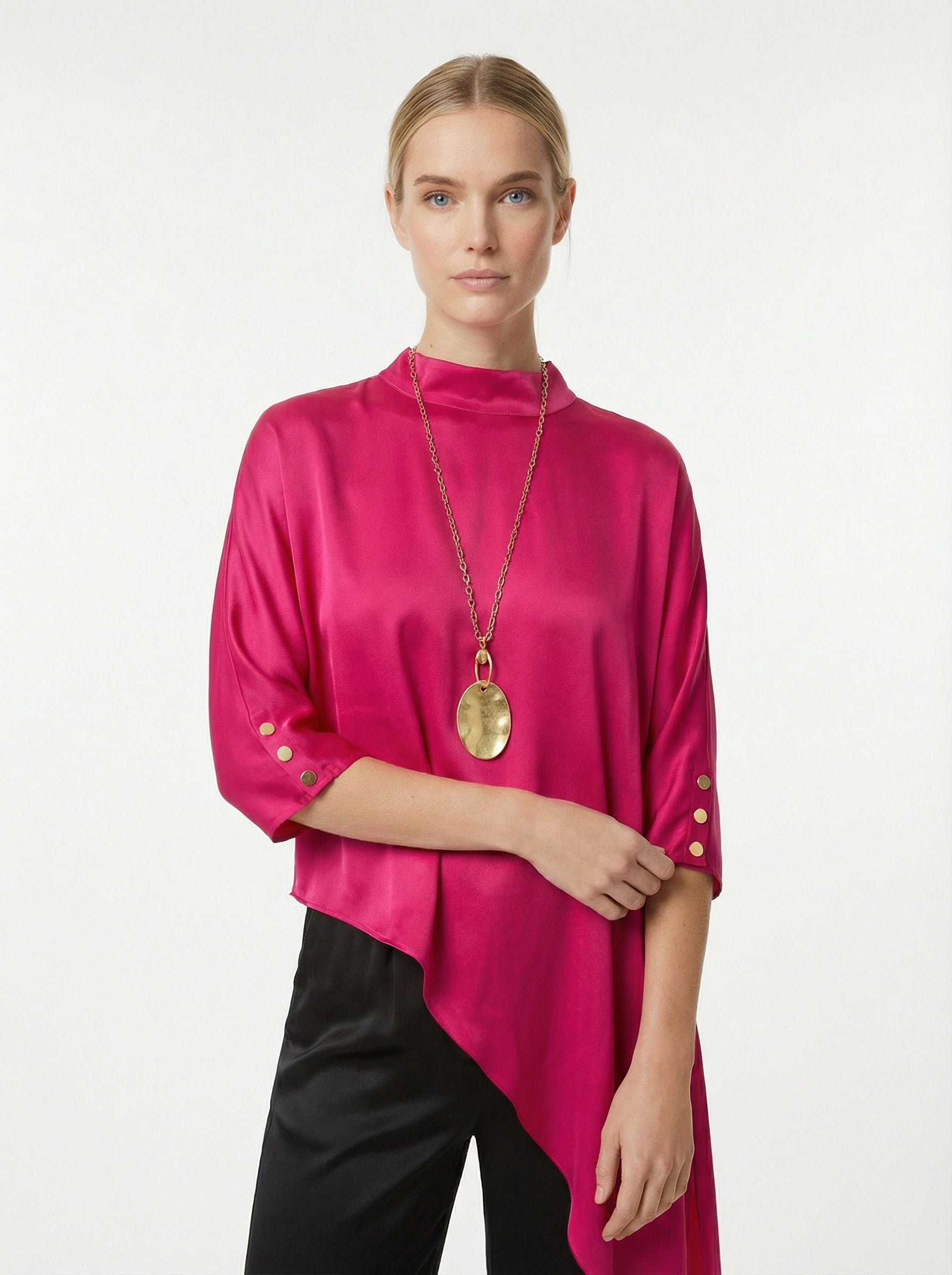 Fuchsia Asymmetric Satin Top With Keyhole Back