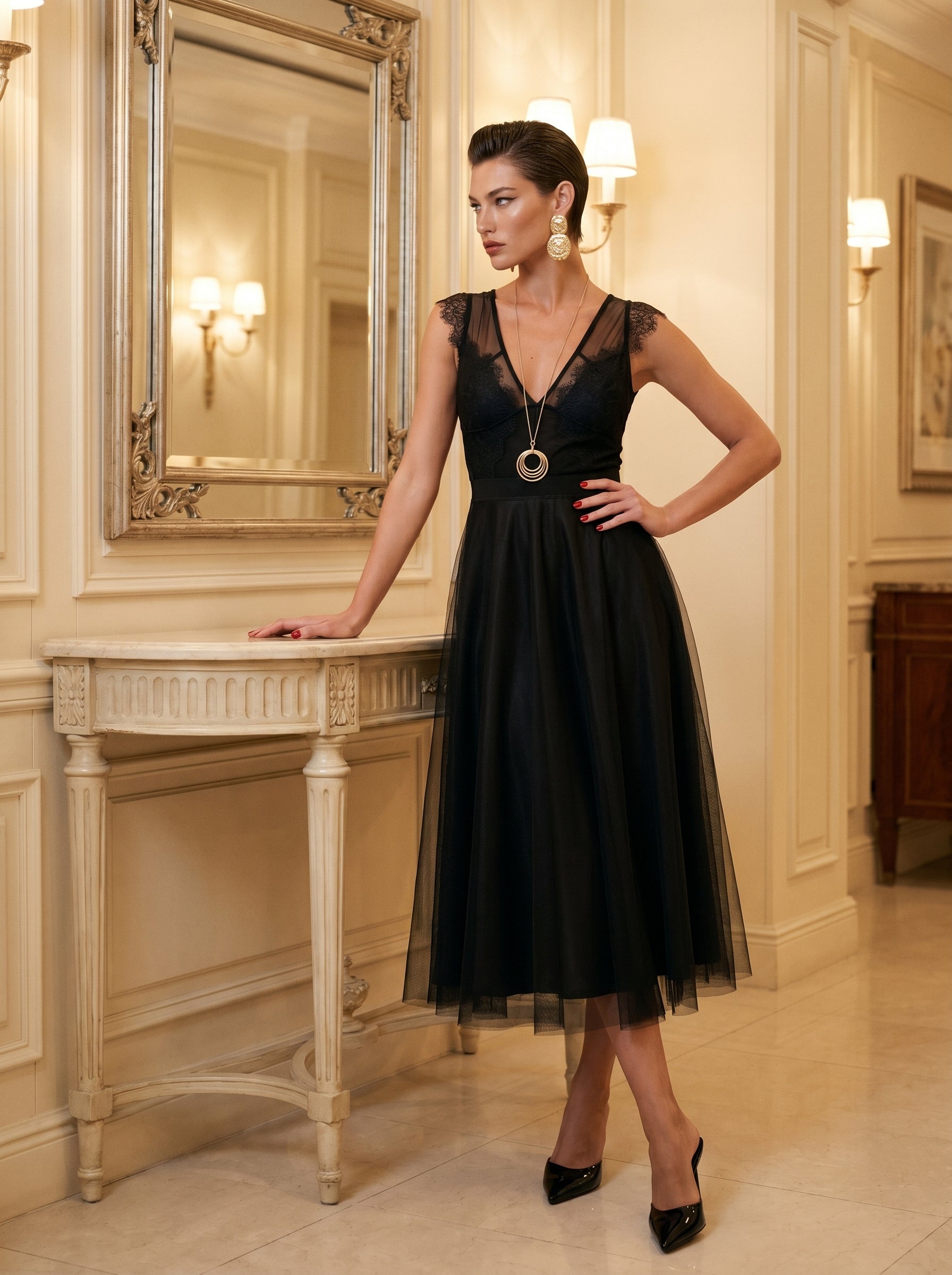 Black Lace V-Neck Midi Dress With Tulle Skirt