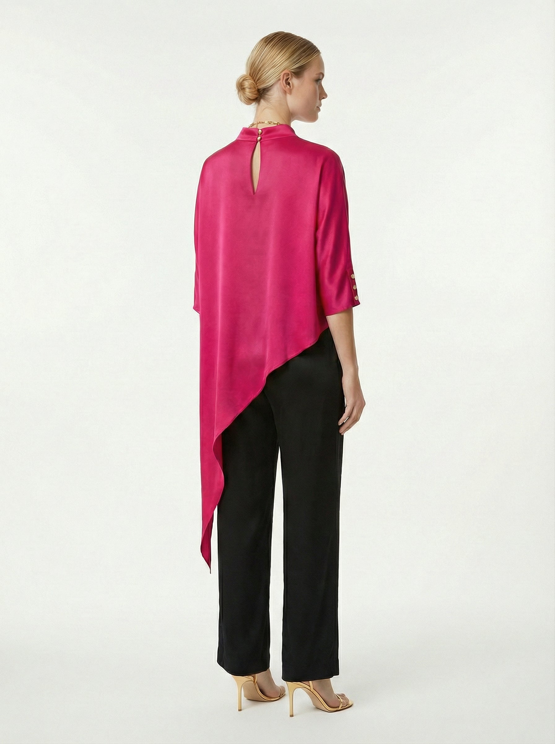 Fuchsia Asymmetric Satin Top With Keyhole Back