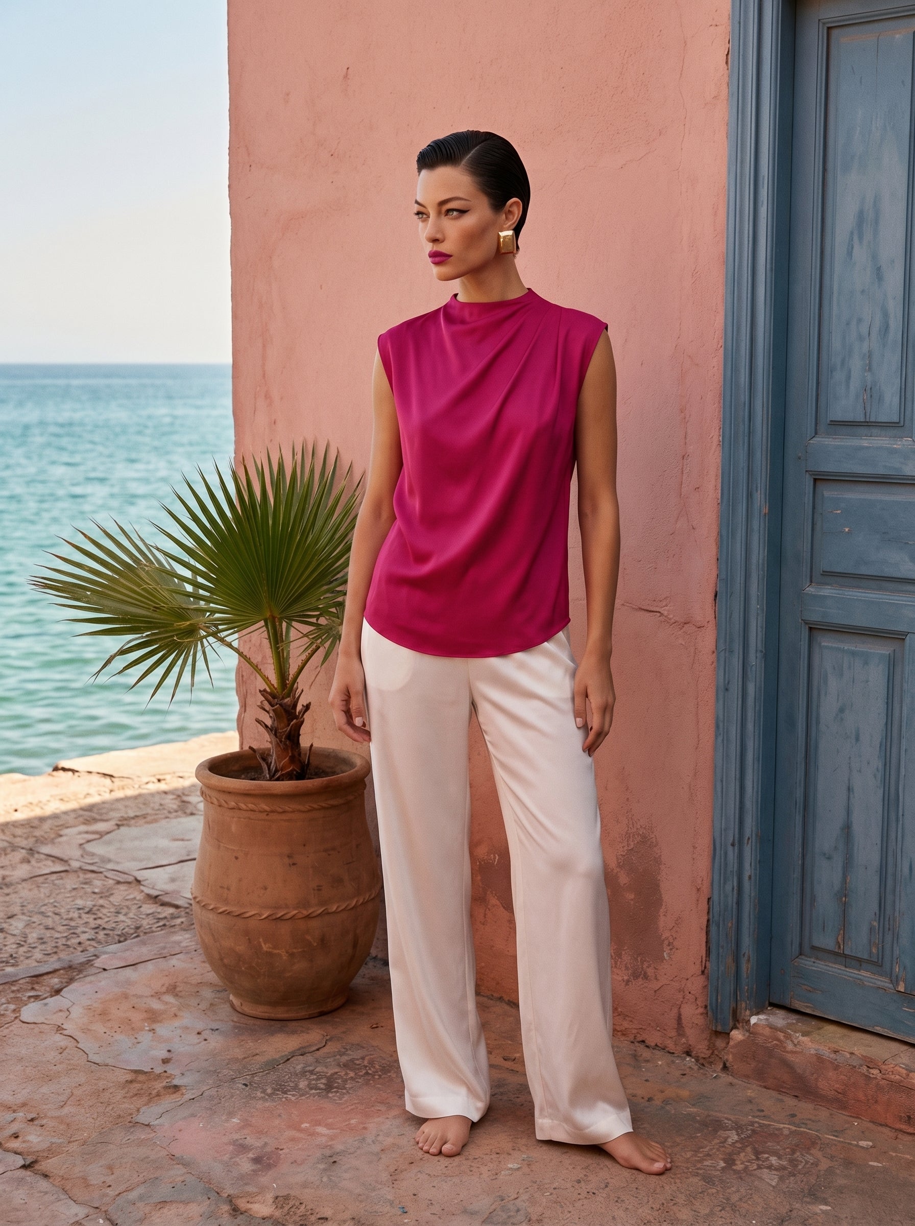 Satin Top With Elegant Shoulder Draping