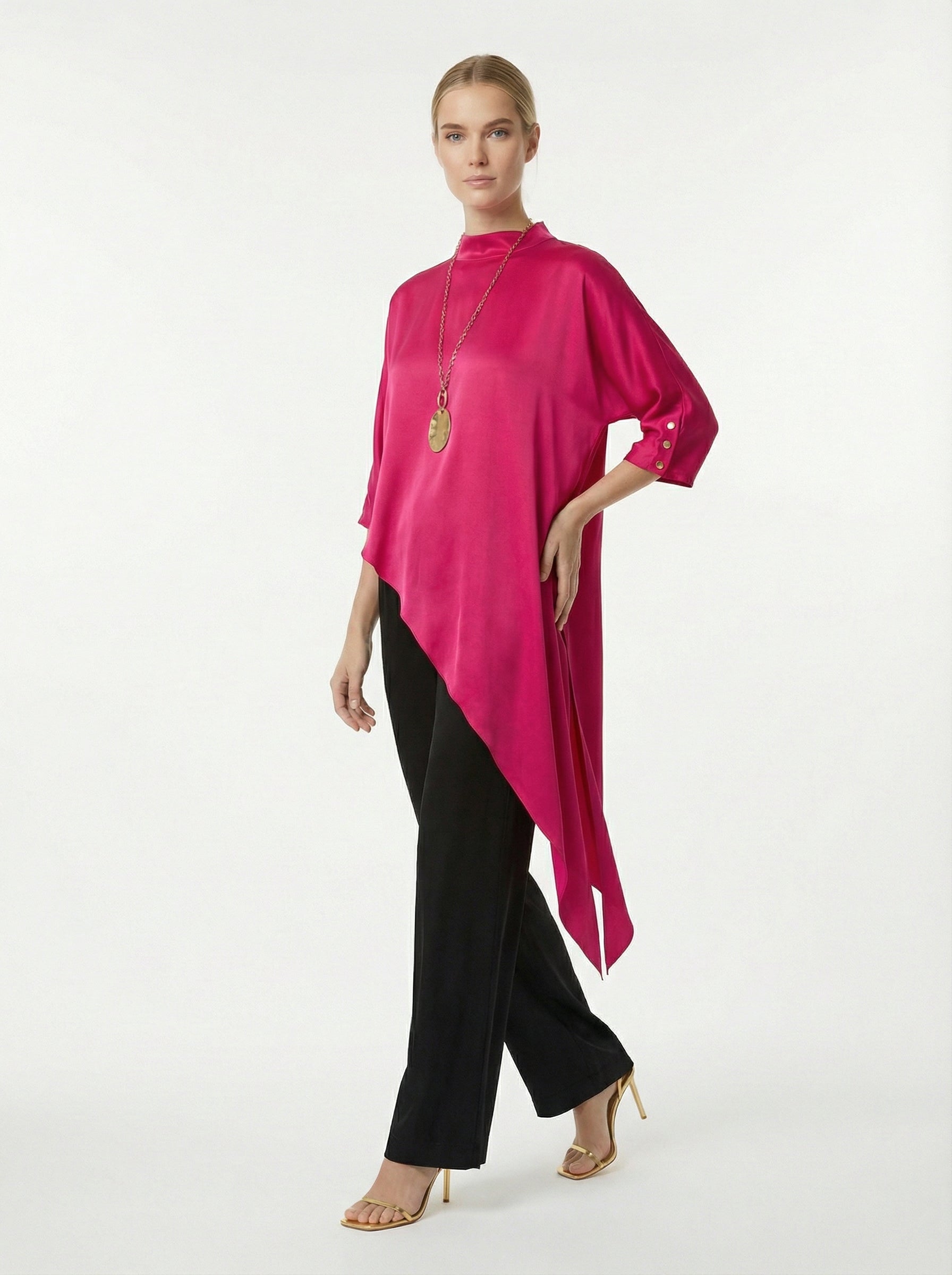 Fuchsia Asymmetric Satin Top With Keyhole Back