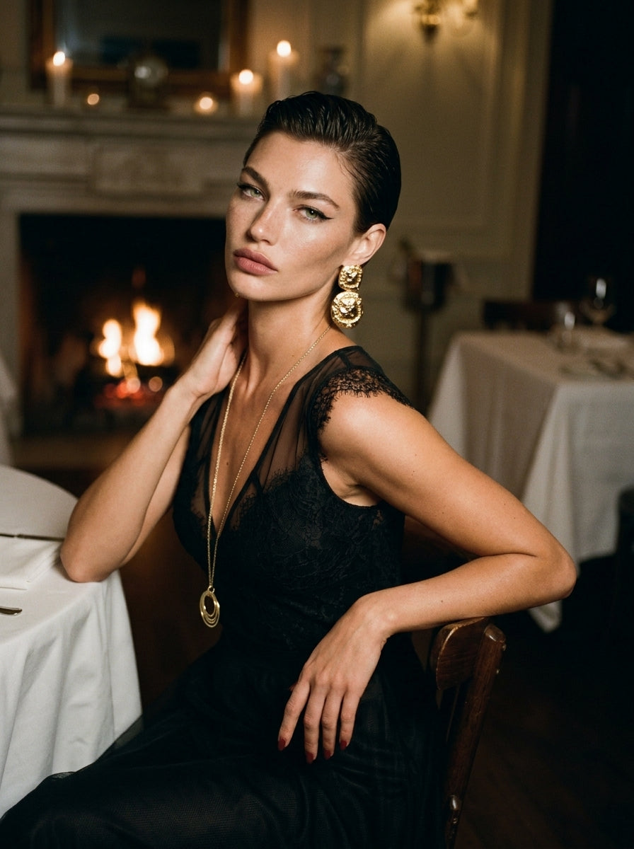 Black Lace V-Neck Midi Dress With Tulle Skirt