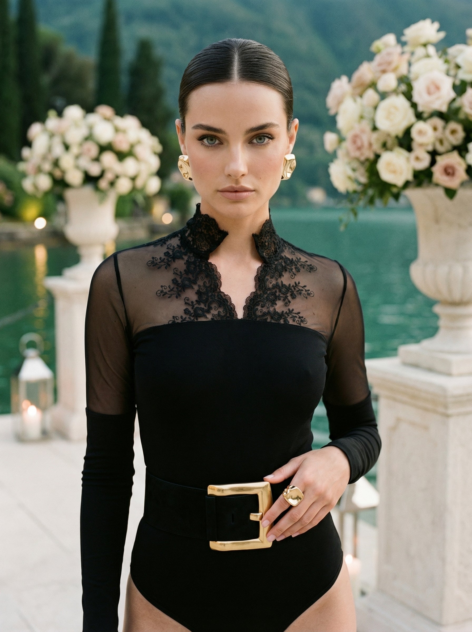 Italian Lace Keyhole Back Blouse Bodysuit