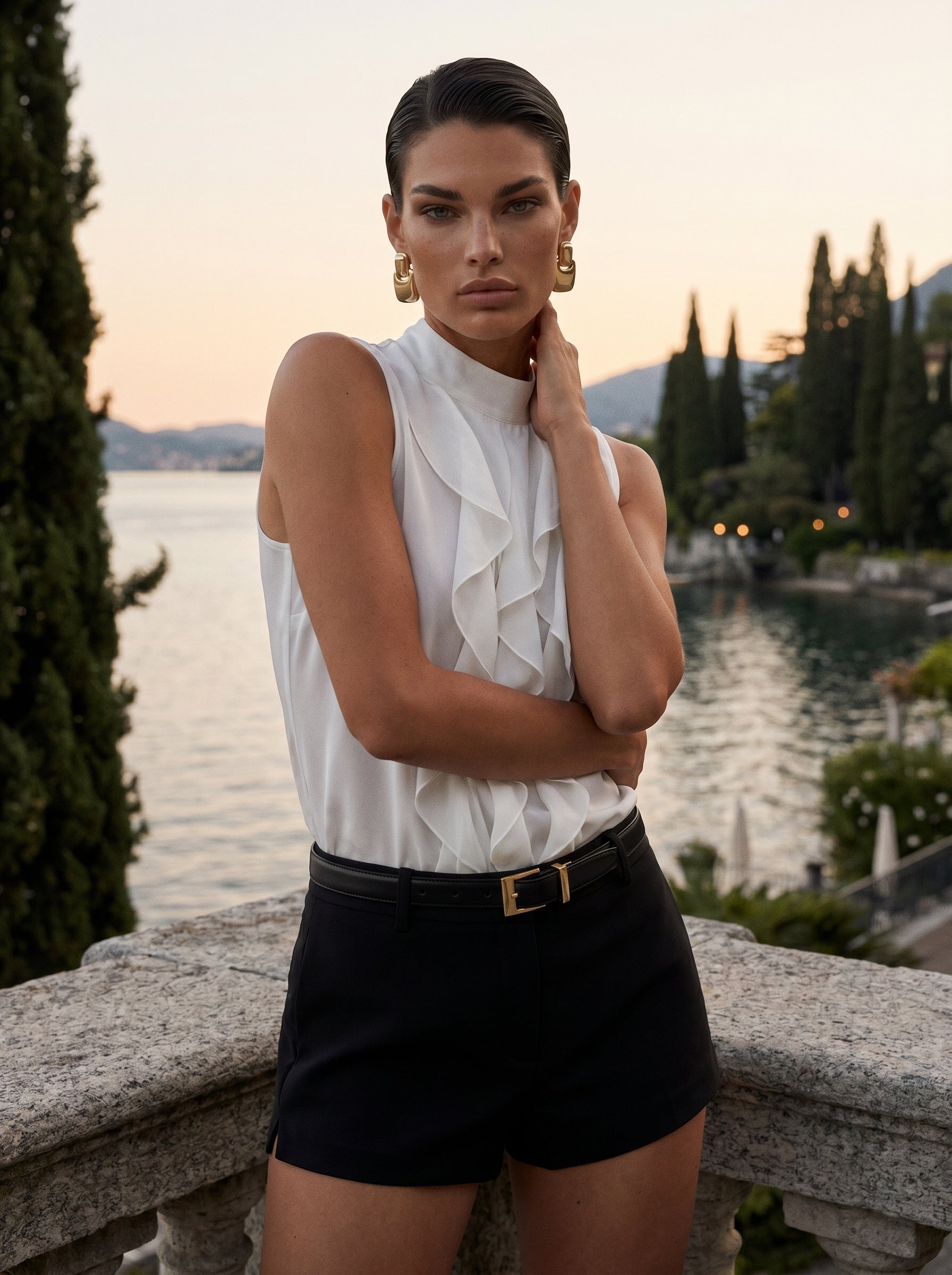 Sleeveless Ruffle Mock Neck Satin Blouse – Ivory