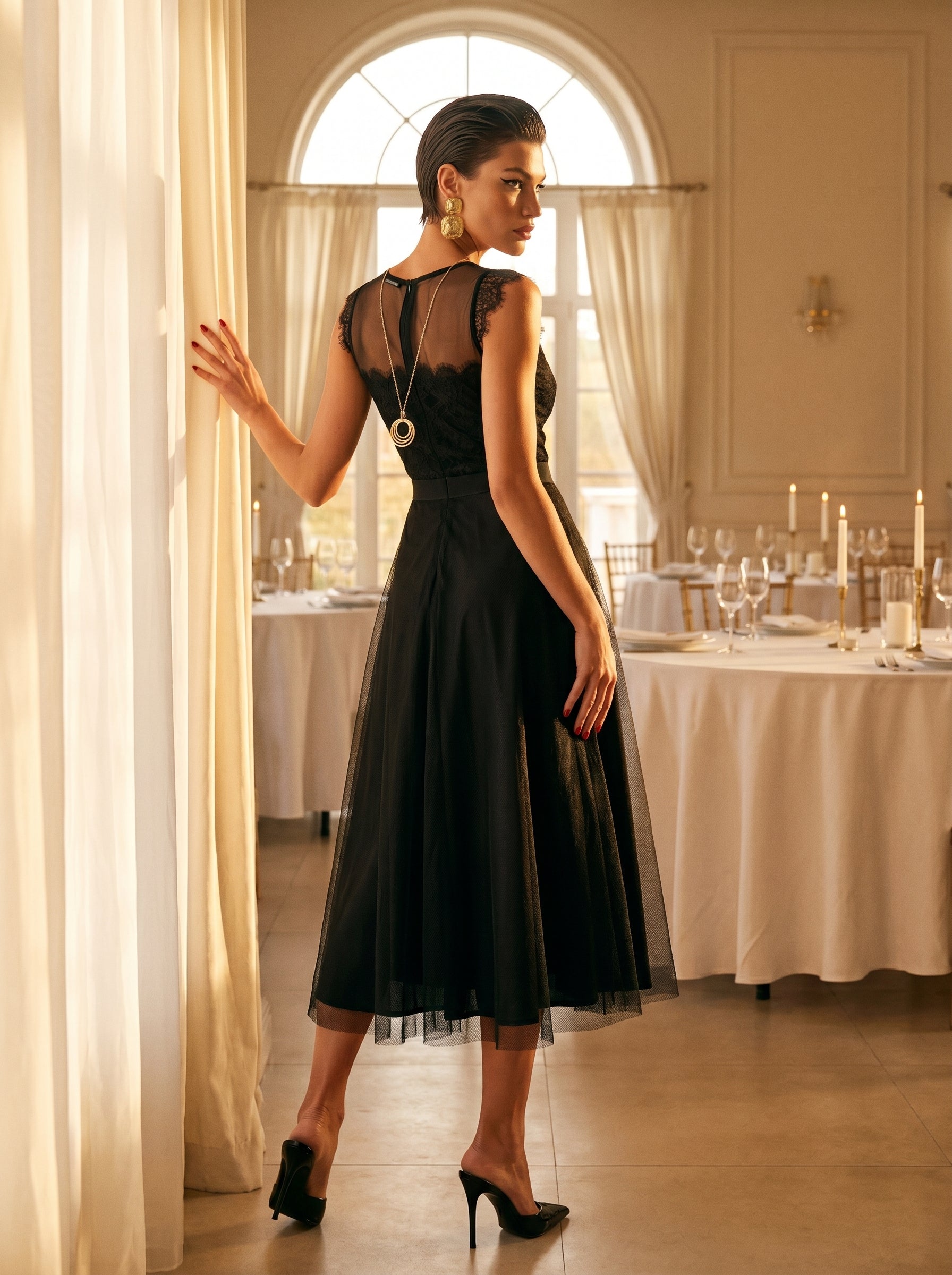Black Lace V-Neck Midi Dress With Tulle Skirt