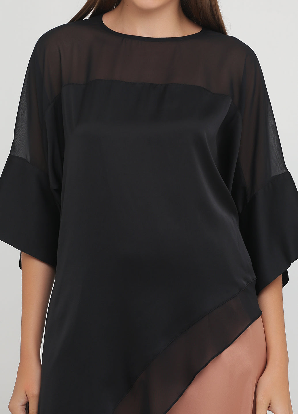 Black Asymmetric Satin Tunic With Chiffon Panels