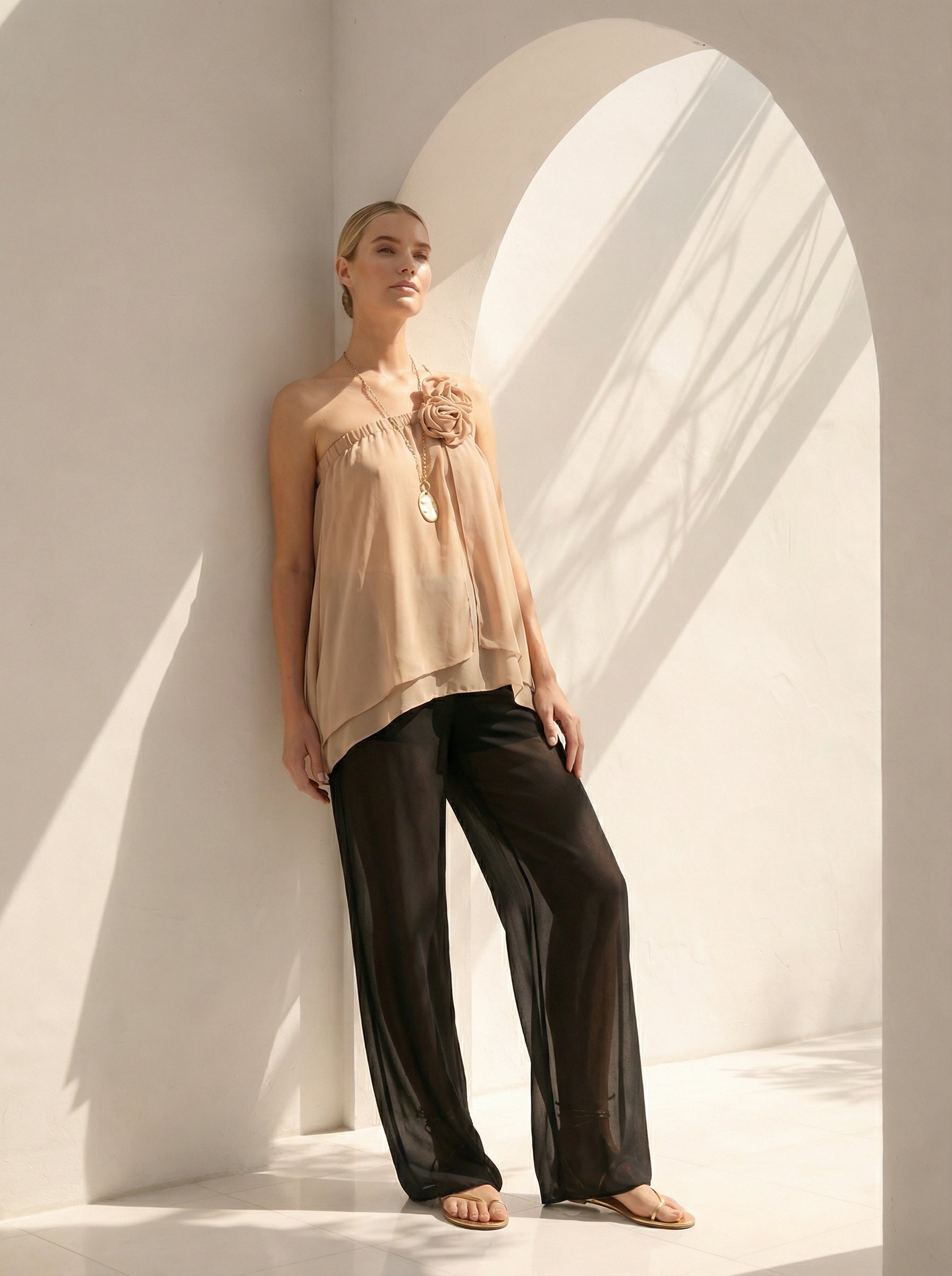 Beige Asymmetric Chiffon One-Shoulder Top With Rosettes