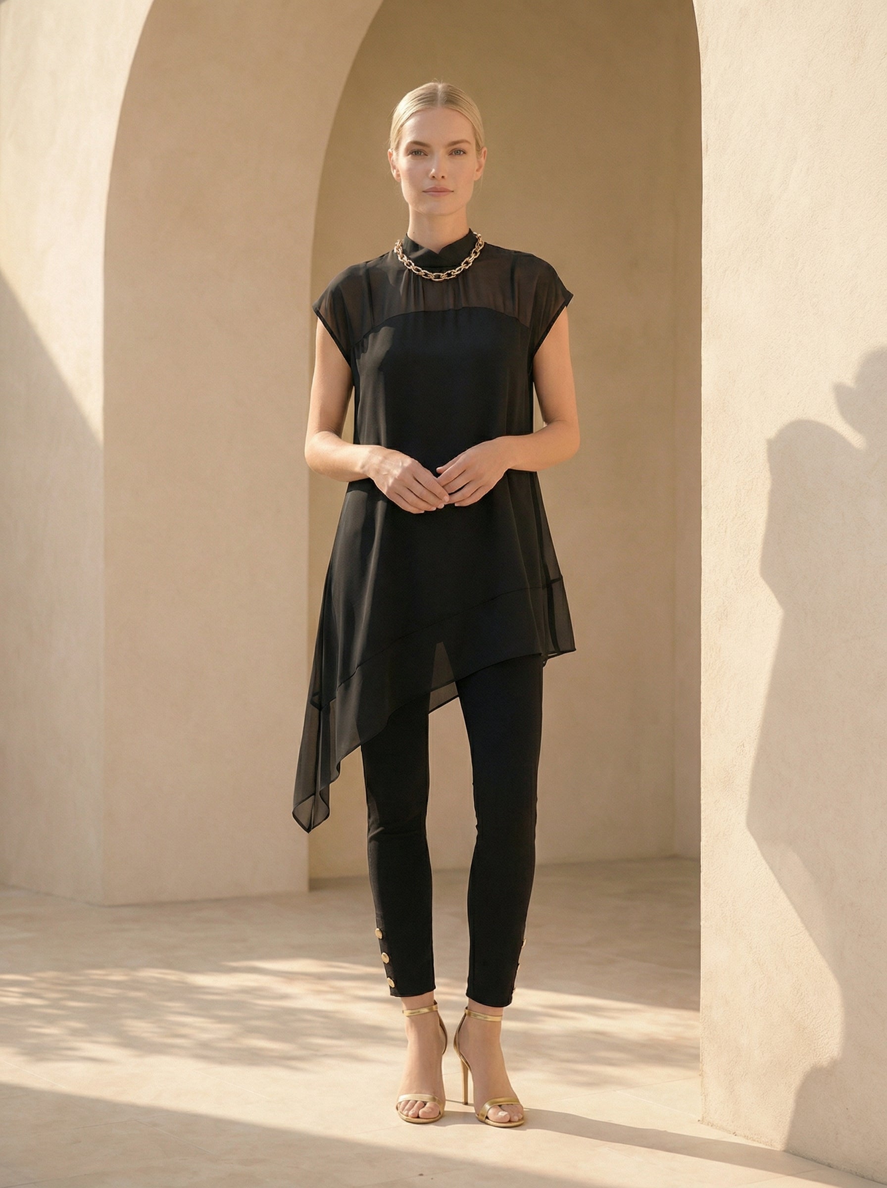 Black Asymmetric Satin Top With Sheer Chiffon Yoke