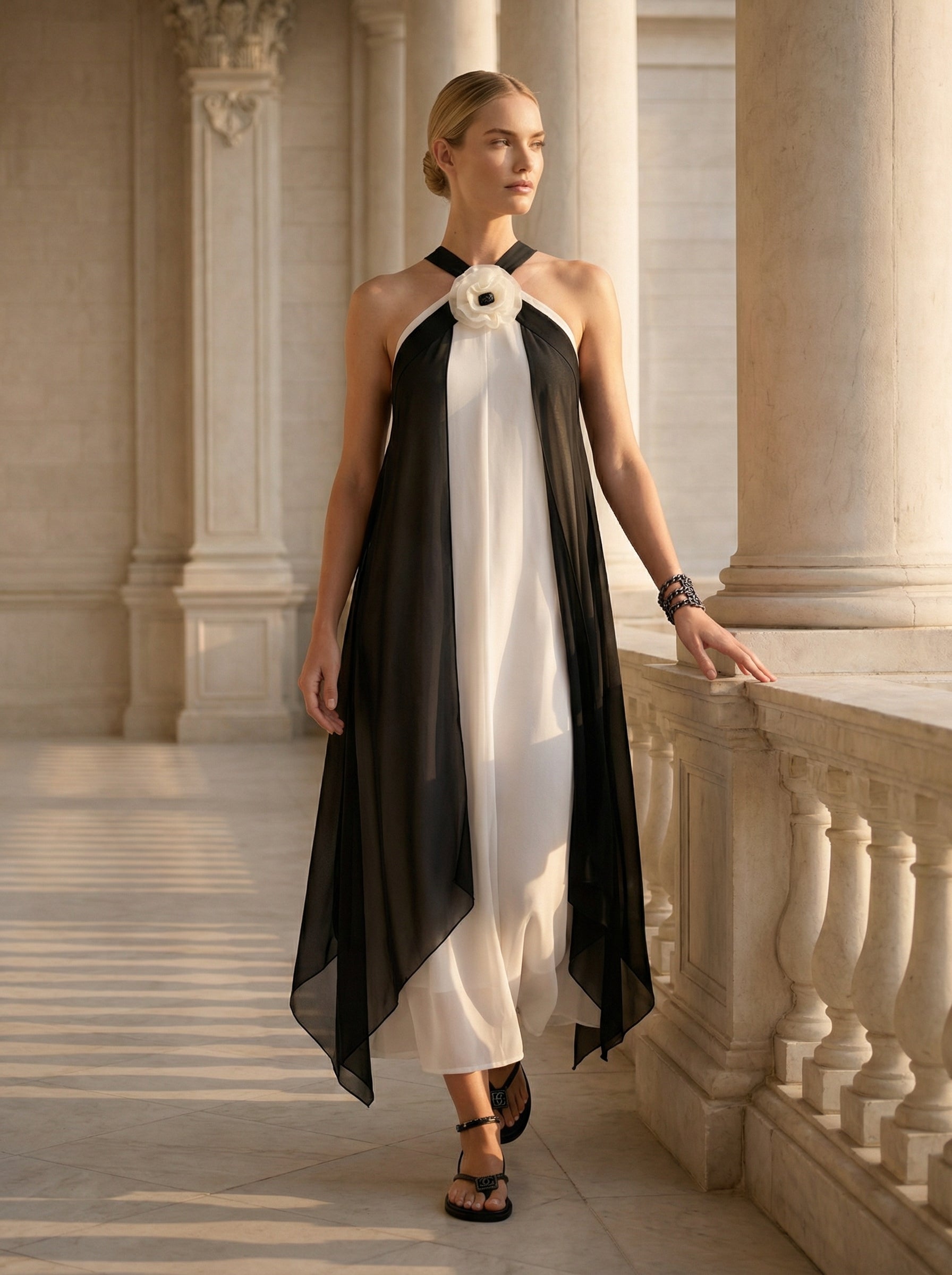 Transformable Halter Chiffon Dress With Removable Overlay
