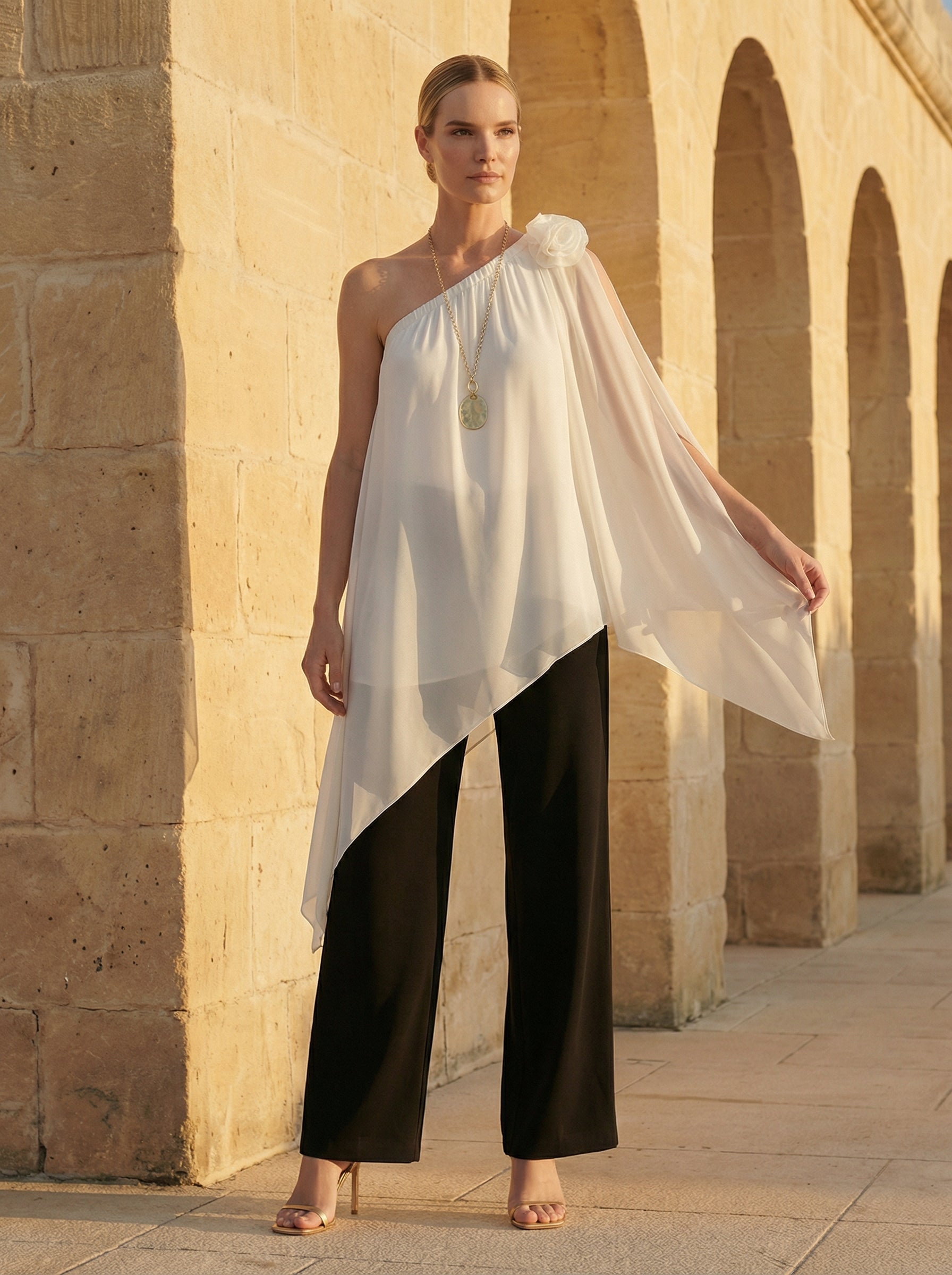 Ivory Asymmetric One-Shoulder Satin Top With Chiffon Panels