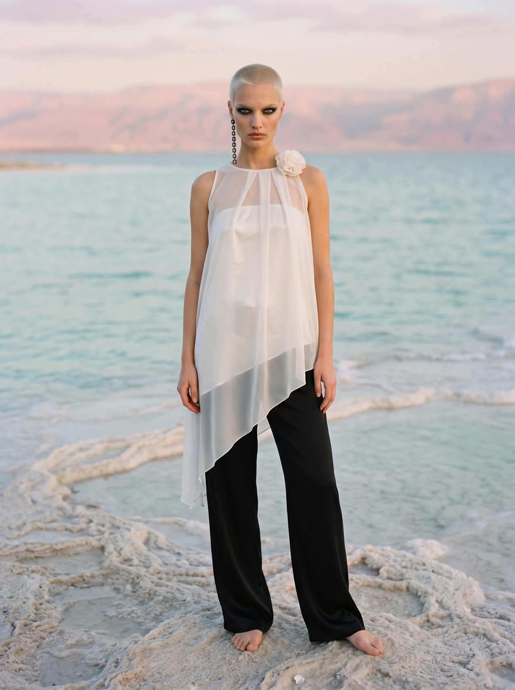 Two-Piece Asymmetrical Satin And Chiffon Top