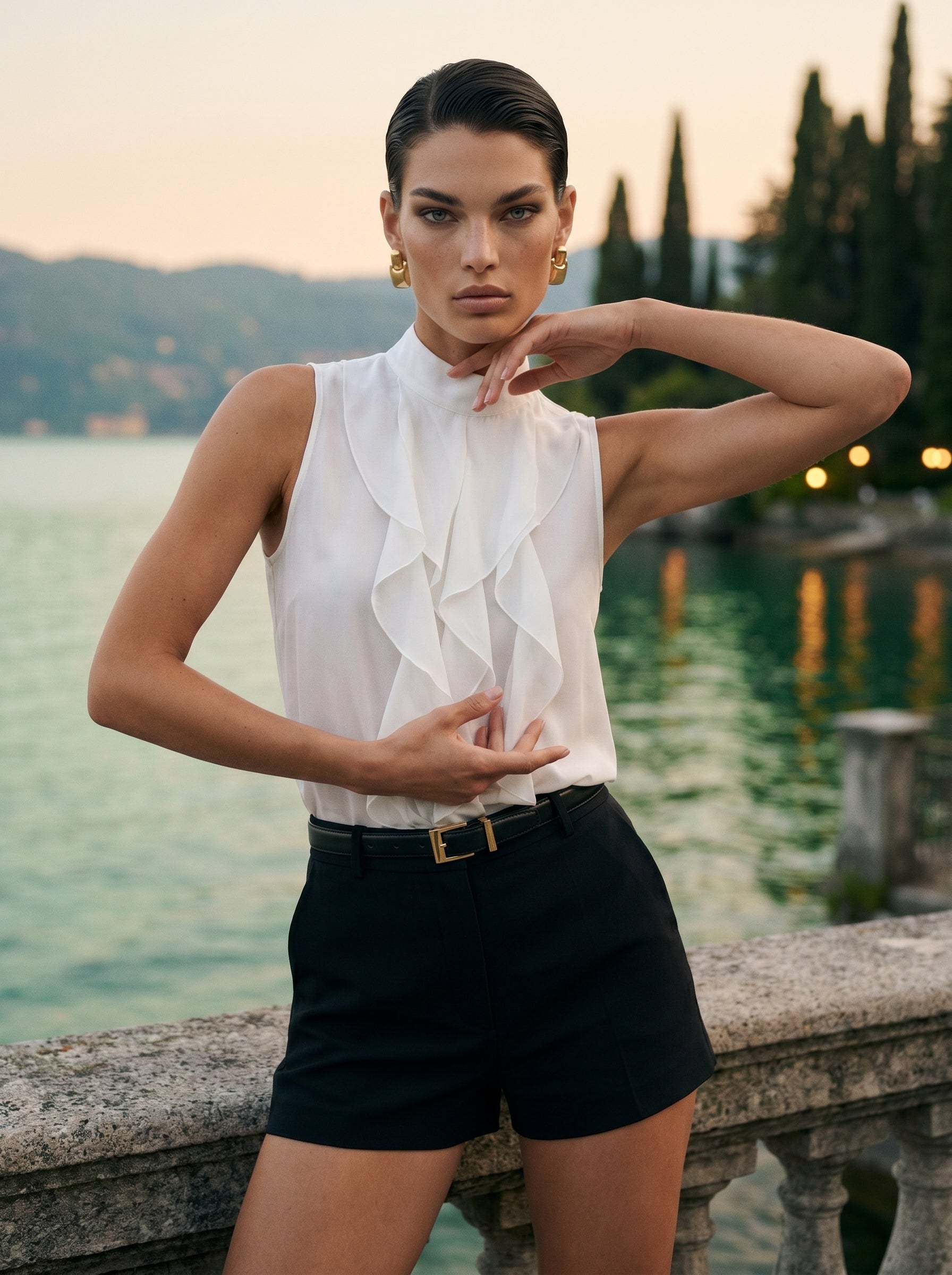 Sleeveless Ruffle Mock Neck Satin Blouse – Ivory