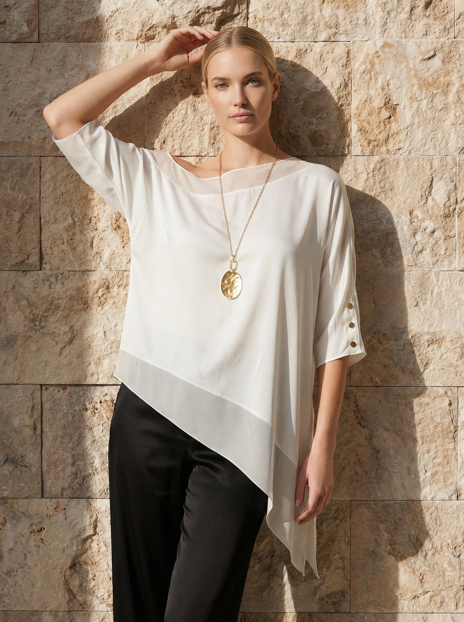 Ivory Asymmetric Satin Top With Chiffon Trim