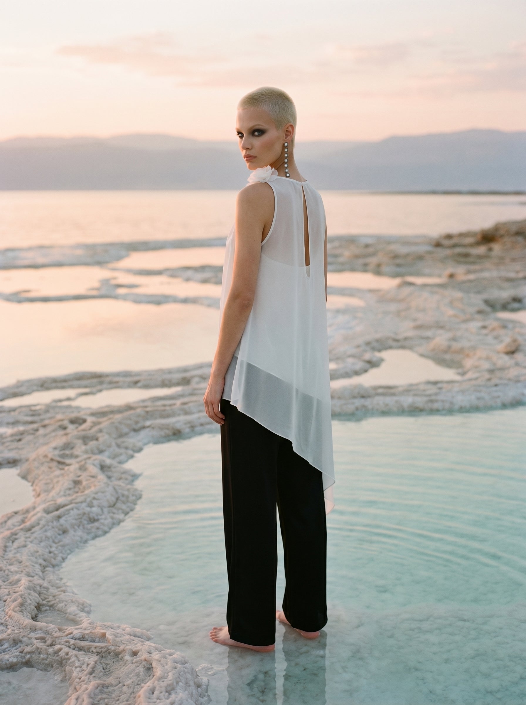Two-Piece Asymmetrical Satin And Chiffon Top