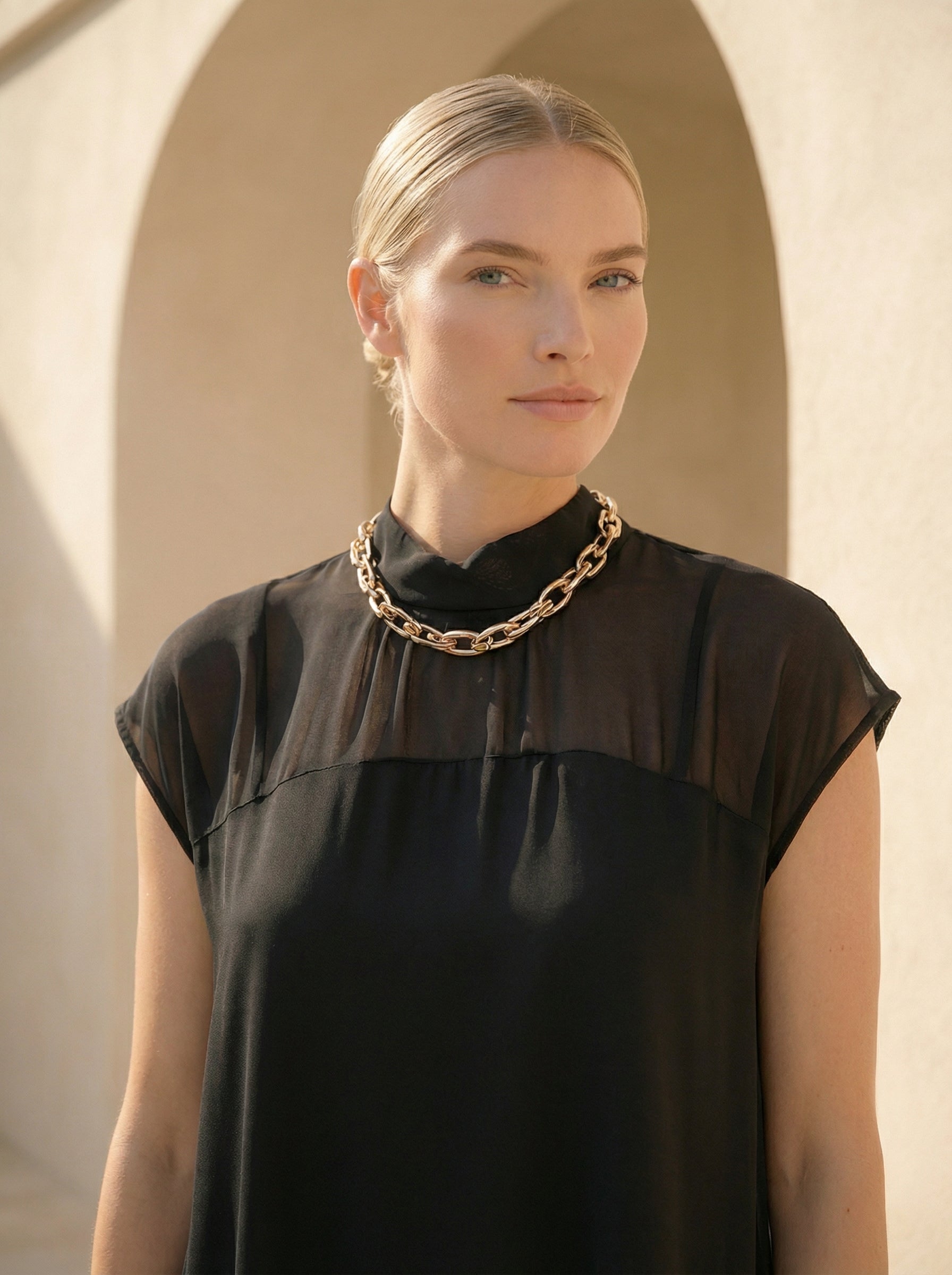 Black Asymmetric Satin Top With Sheer Chiffon Yoke