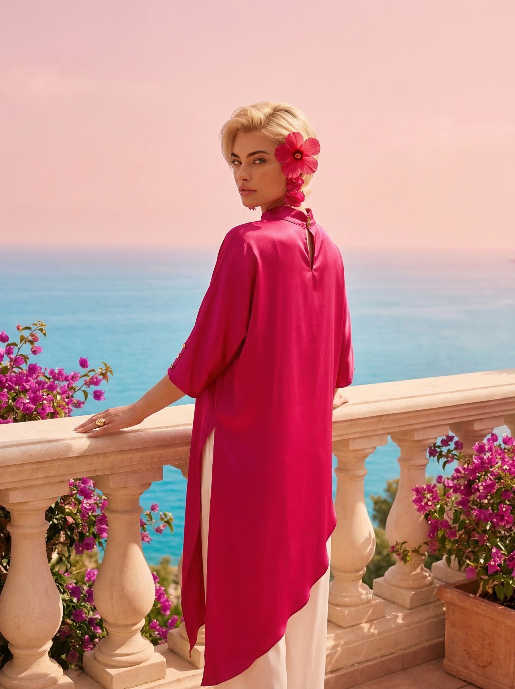 Fuchsia Asymmetric Satin Top With Keyhole Back
