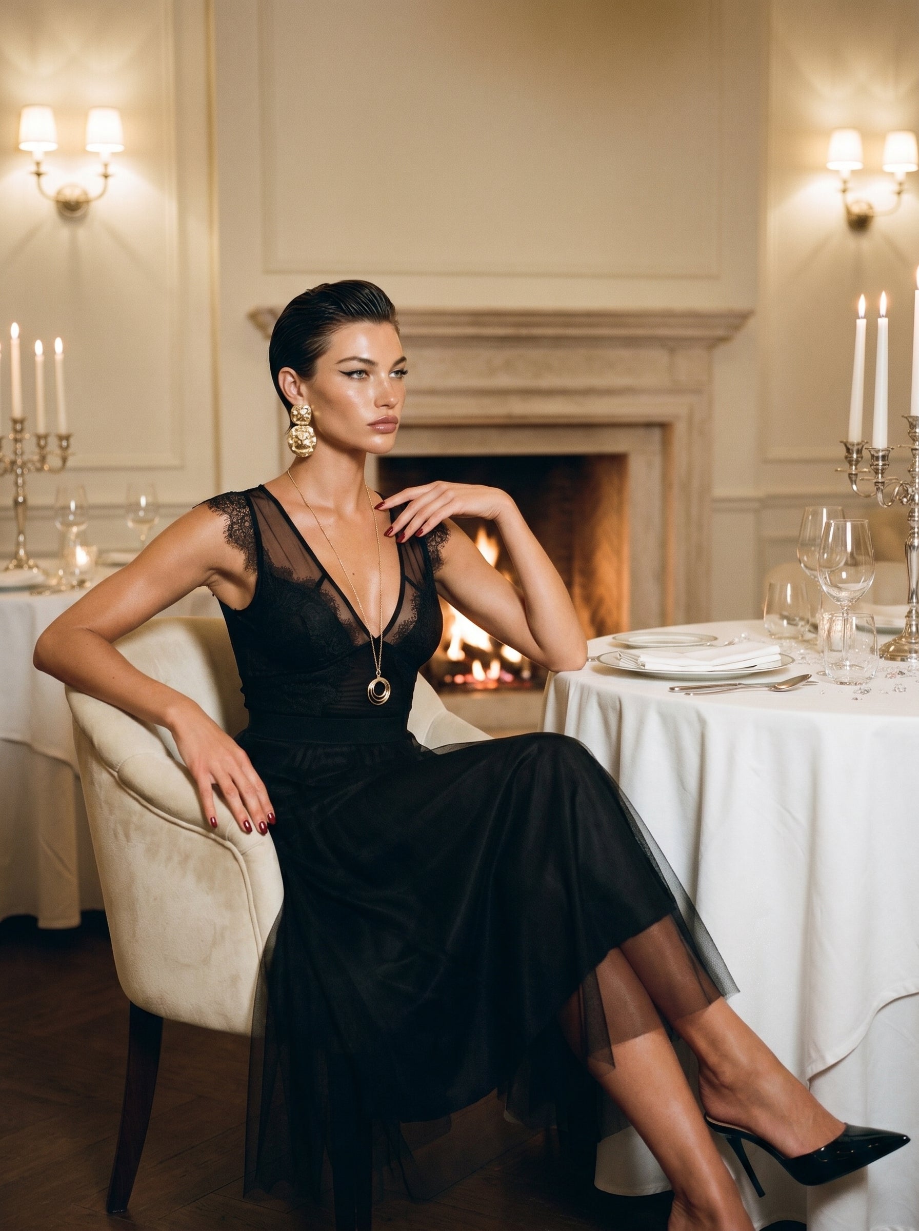 Black Lace V-Neck Midi Dress With Tulle Skirt