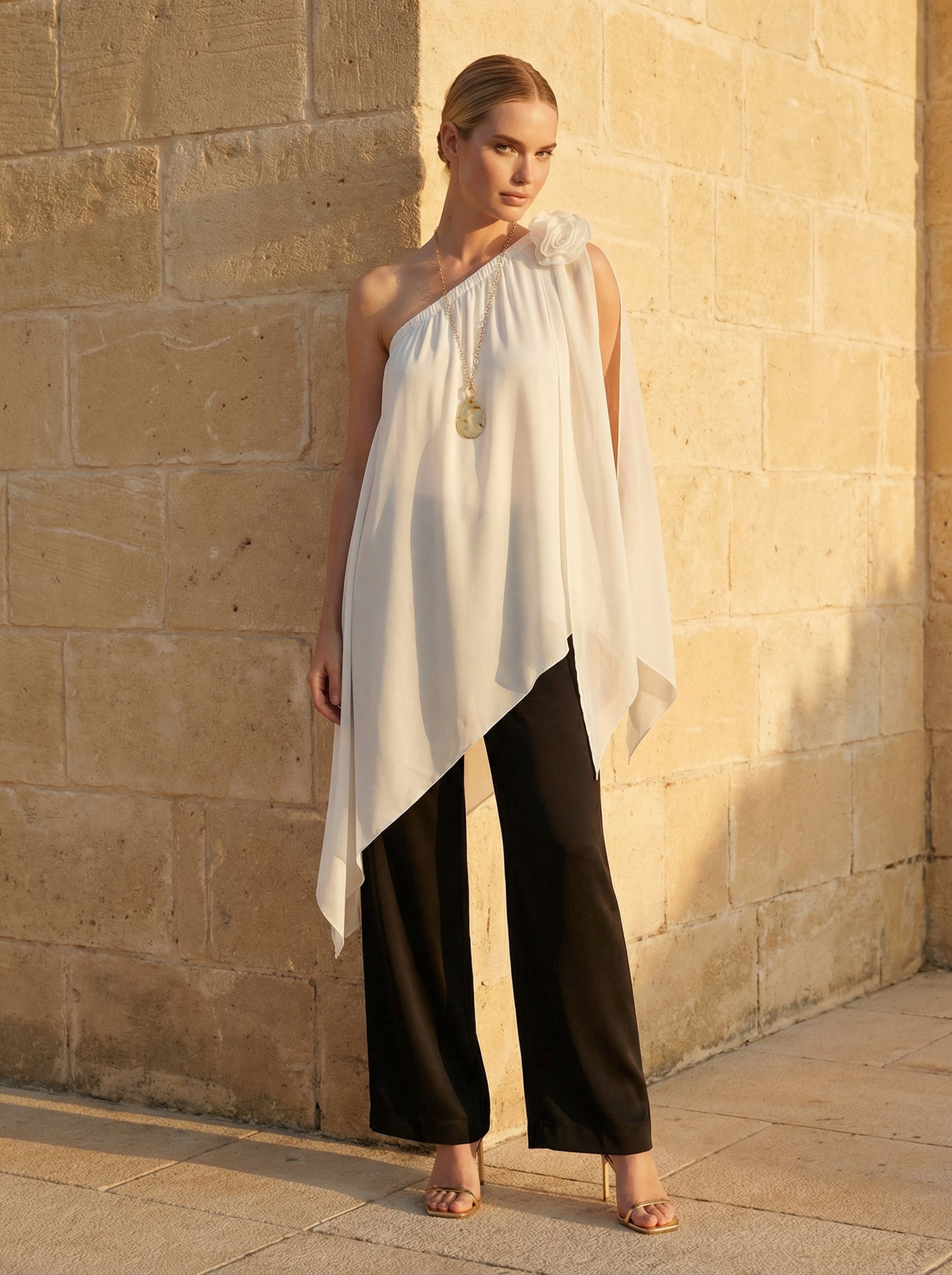 Ivory Asymmetric One-Shoulder Satin Top With Chiffon Panels