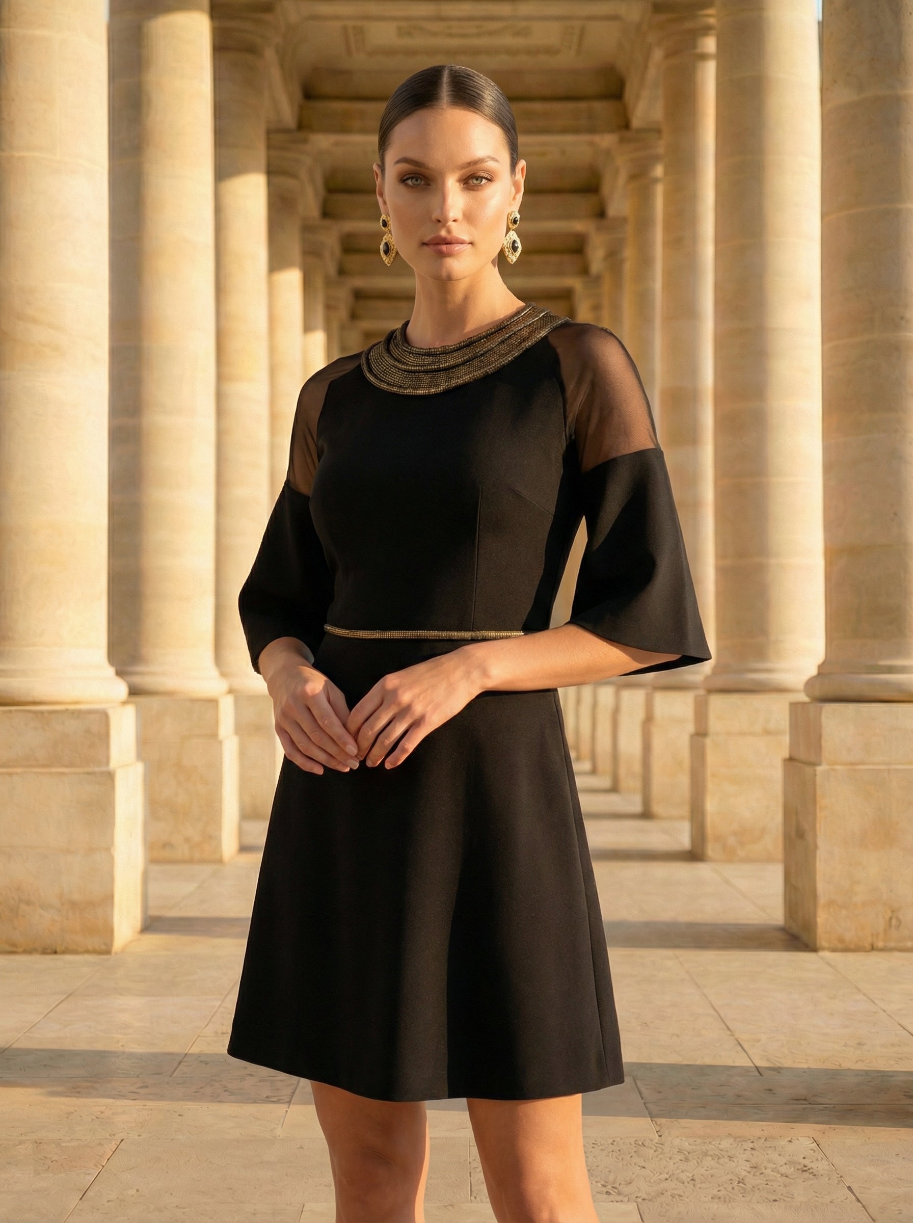 Gold Neckline A-Line Mini Dress