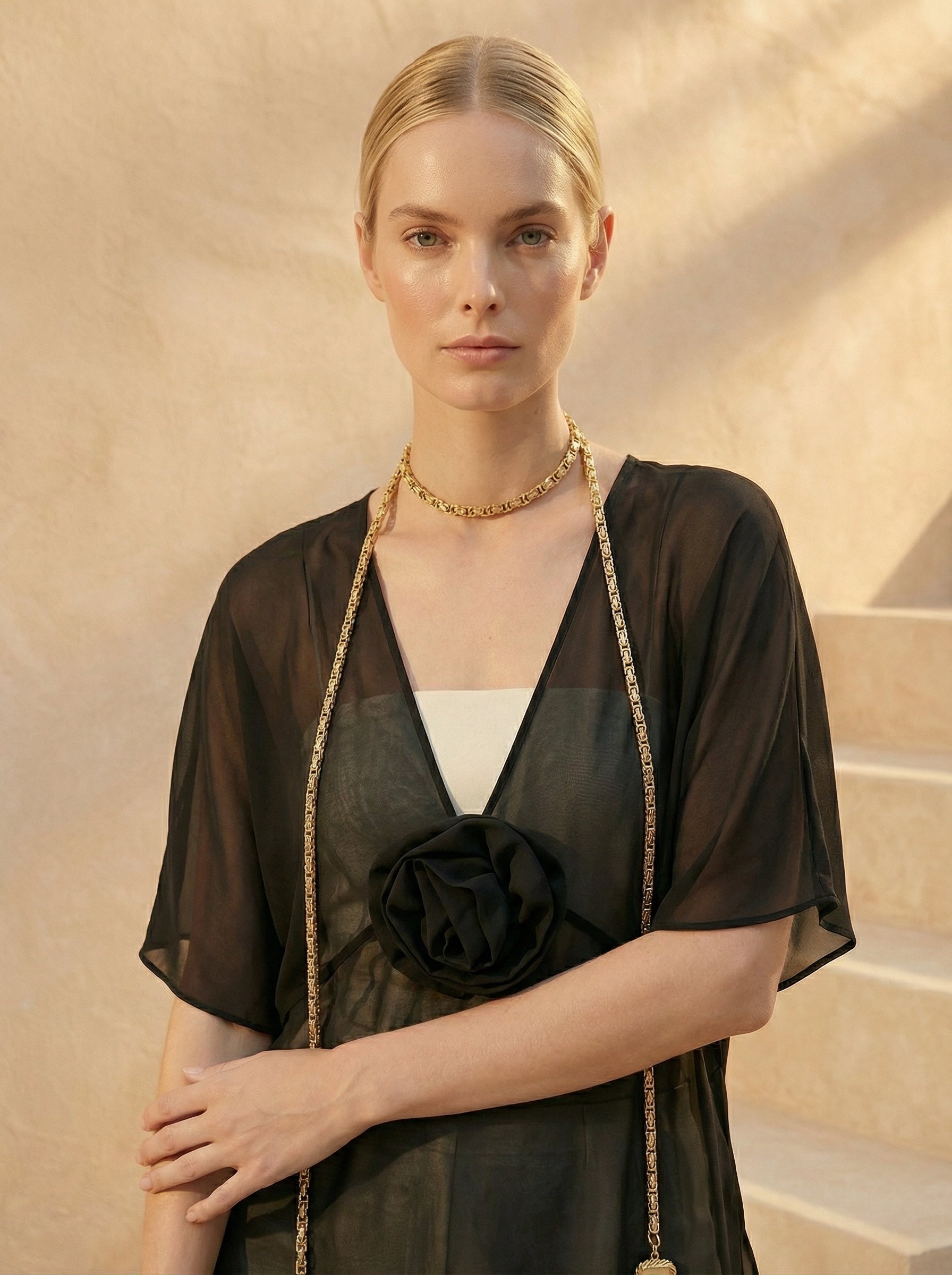 Black Sheer Chiffon High-Low Top With Rosette