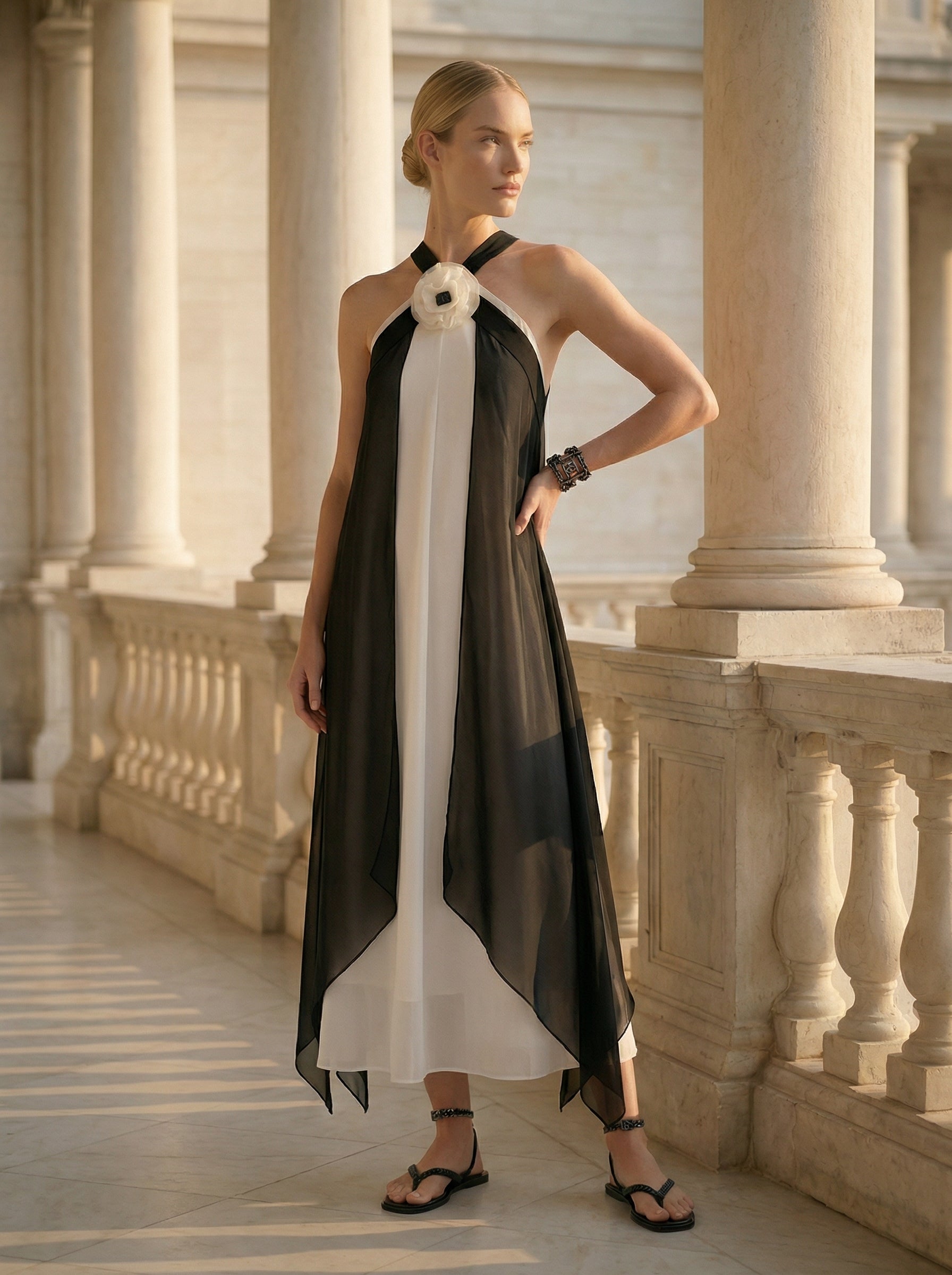 Transformable Halter Chiffon Dress With Removable Overlay
