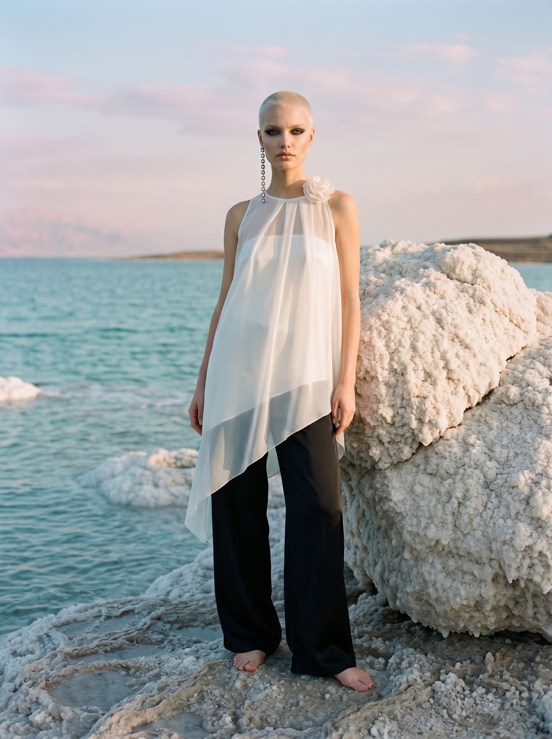 Two-Piece Asymmetrical Satin And Chiffon Top