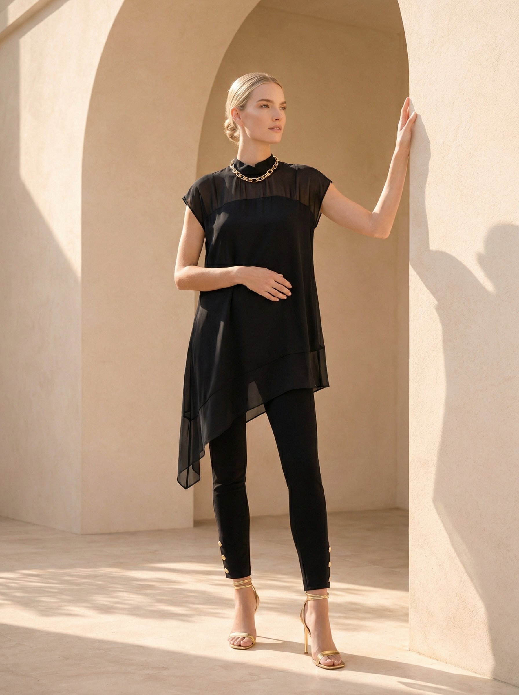 Black Asymmetric Satin Top With Sheer Chiffon Yoke