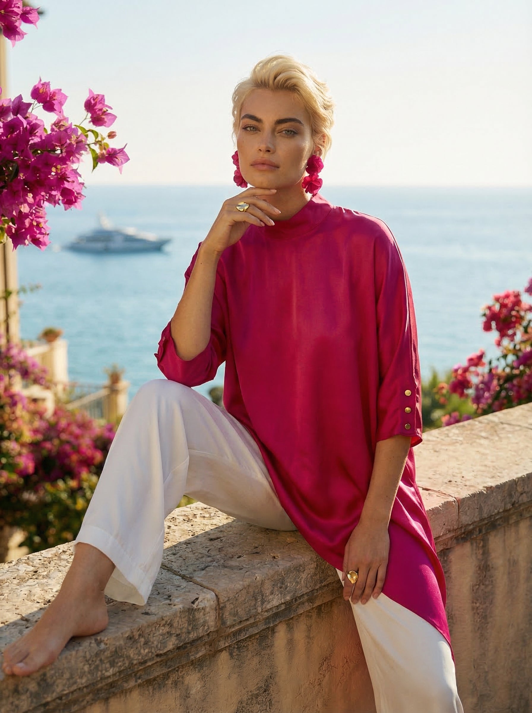 Fuchsia Asymmetric Satin Top With Keyhole Back