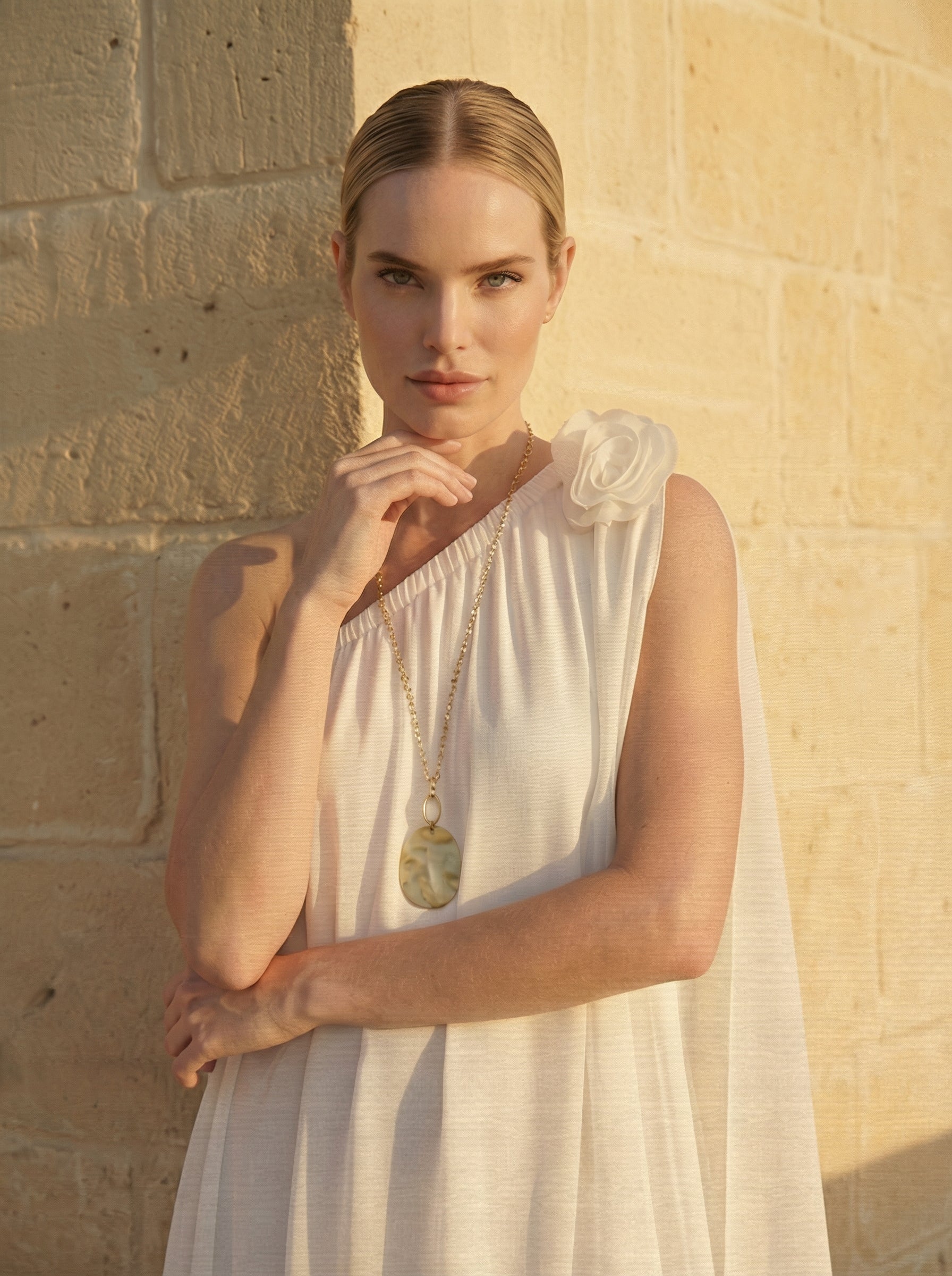 Ivory Asymmetric One-Shoulder Satin Top With Chiffon Panels