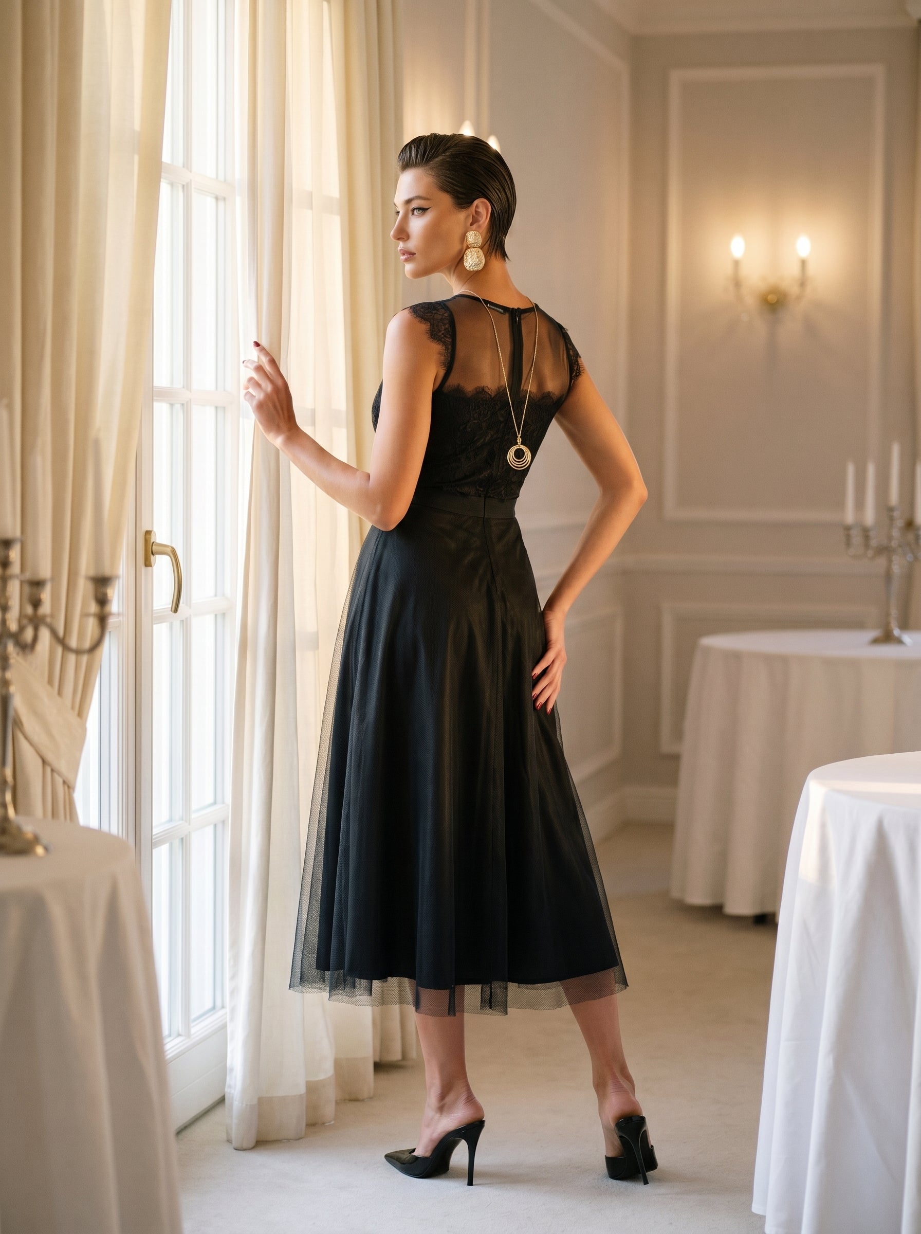 Black Lace V-Neck Midi Dress With Tulle Skirt