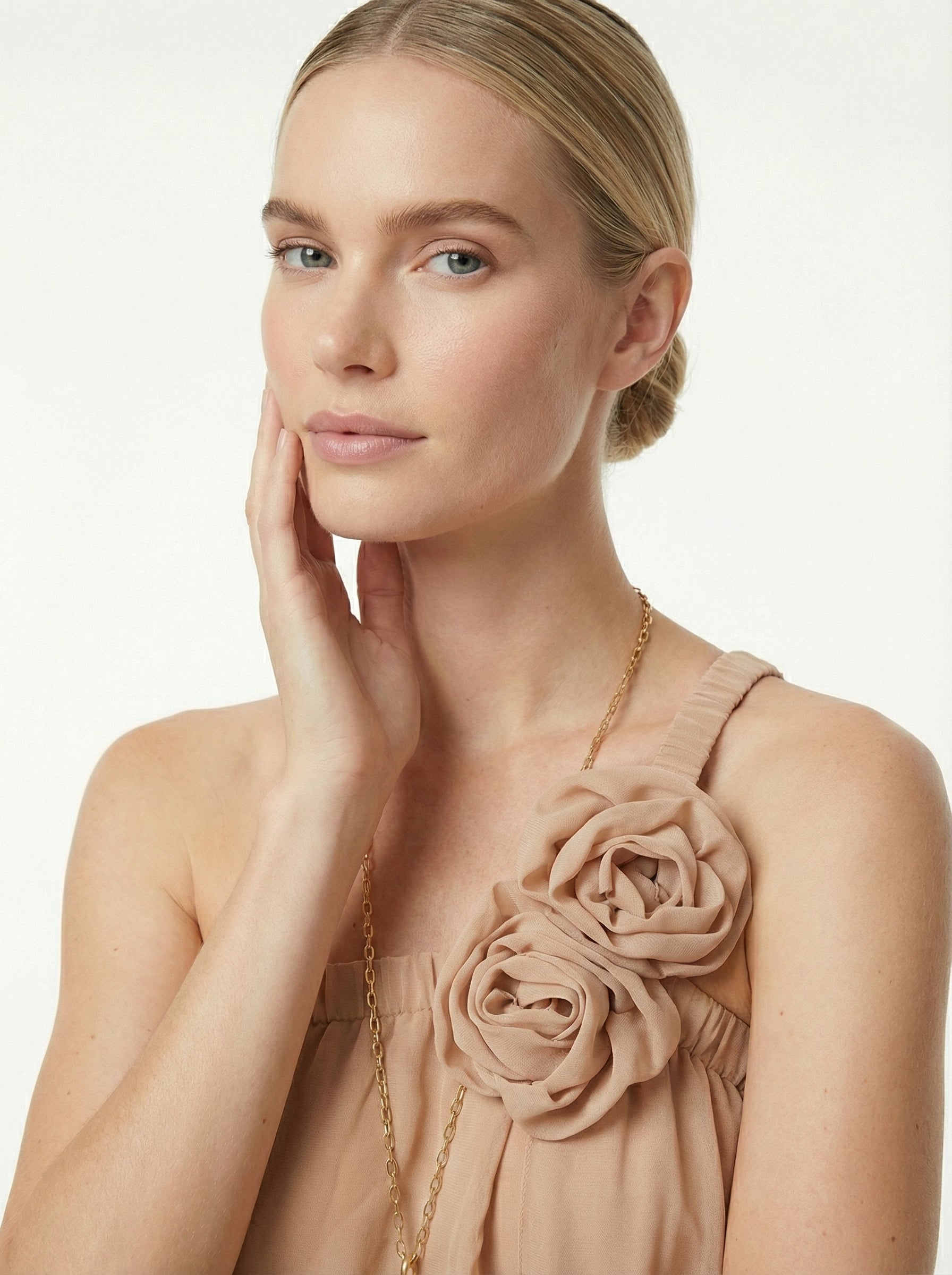 Beige Asymmetric Chiffon One-Shoulder Top With Rosettes