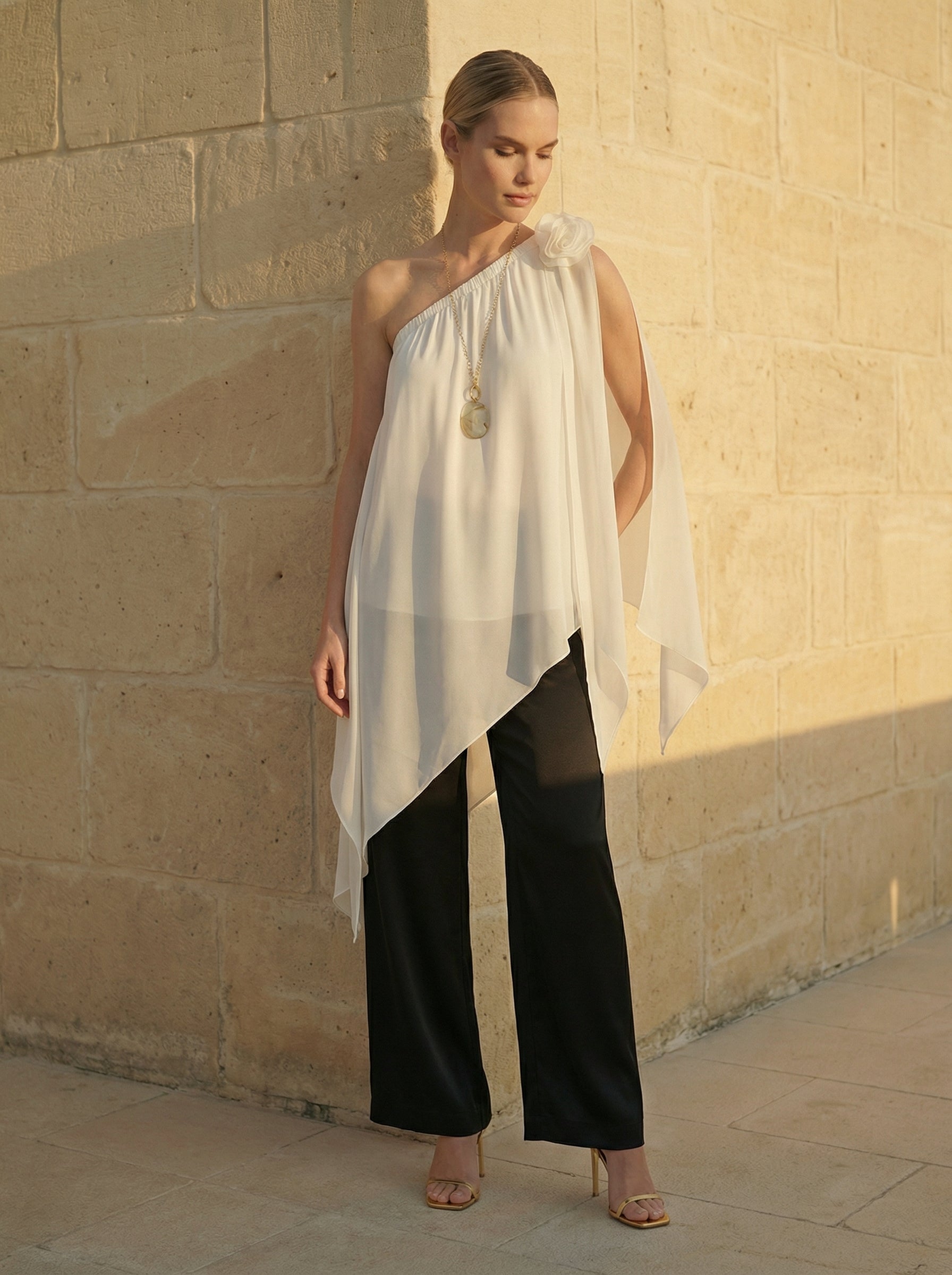 Ivory Asymmetric One-Shoulder Satin Top With Chiffon Panels