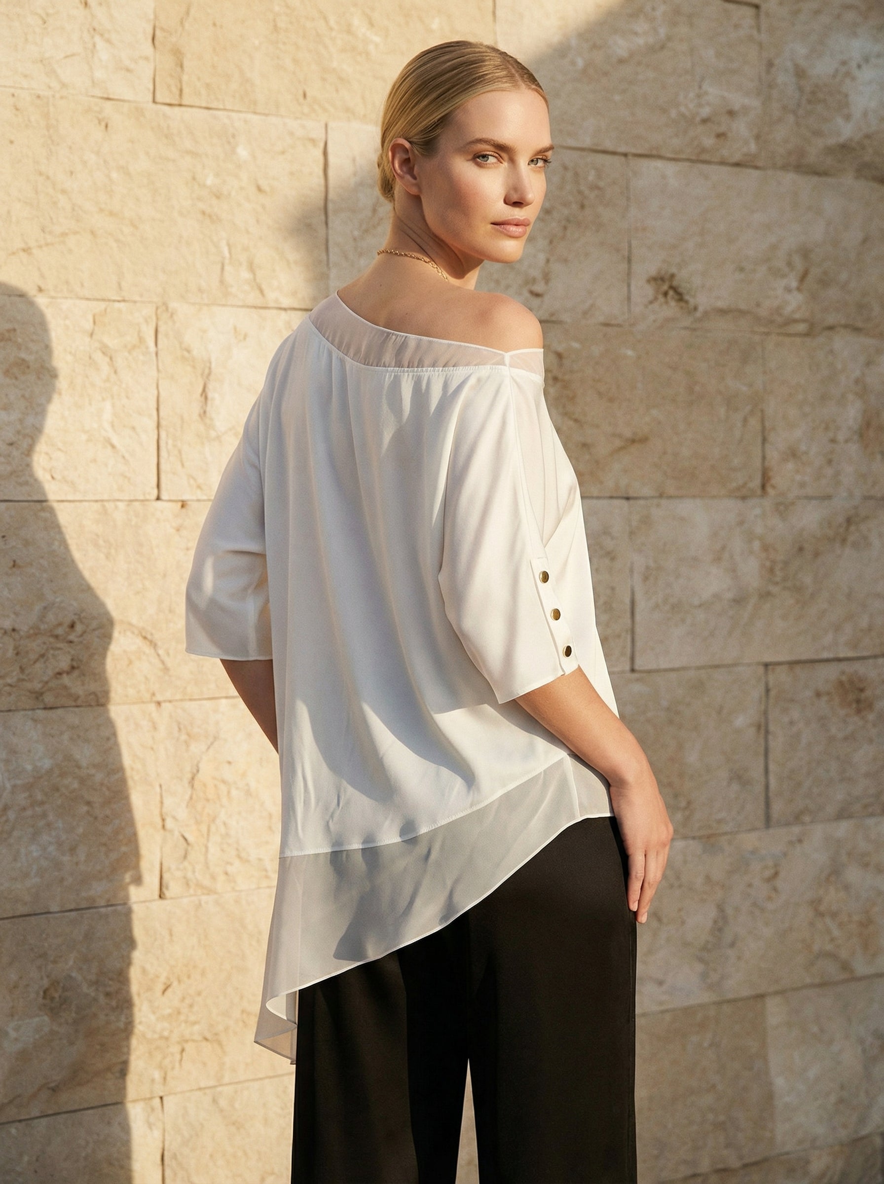 Ivory Asymmetric Satin Top With Chiffon Trim