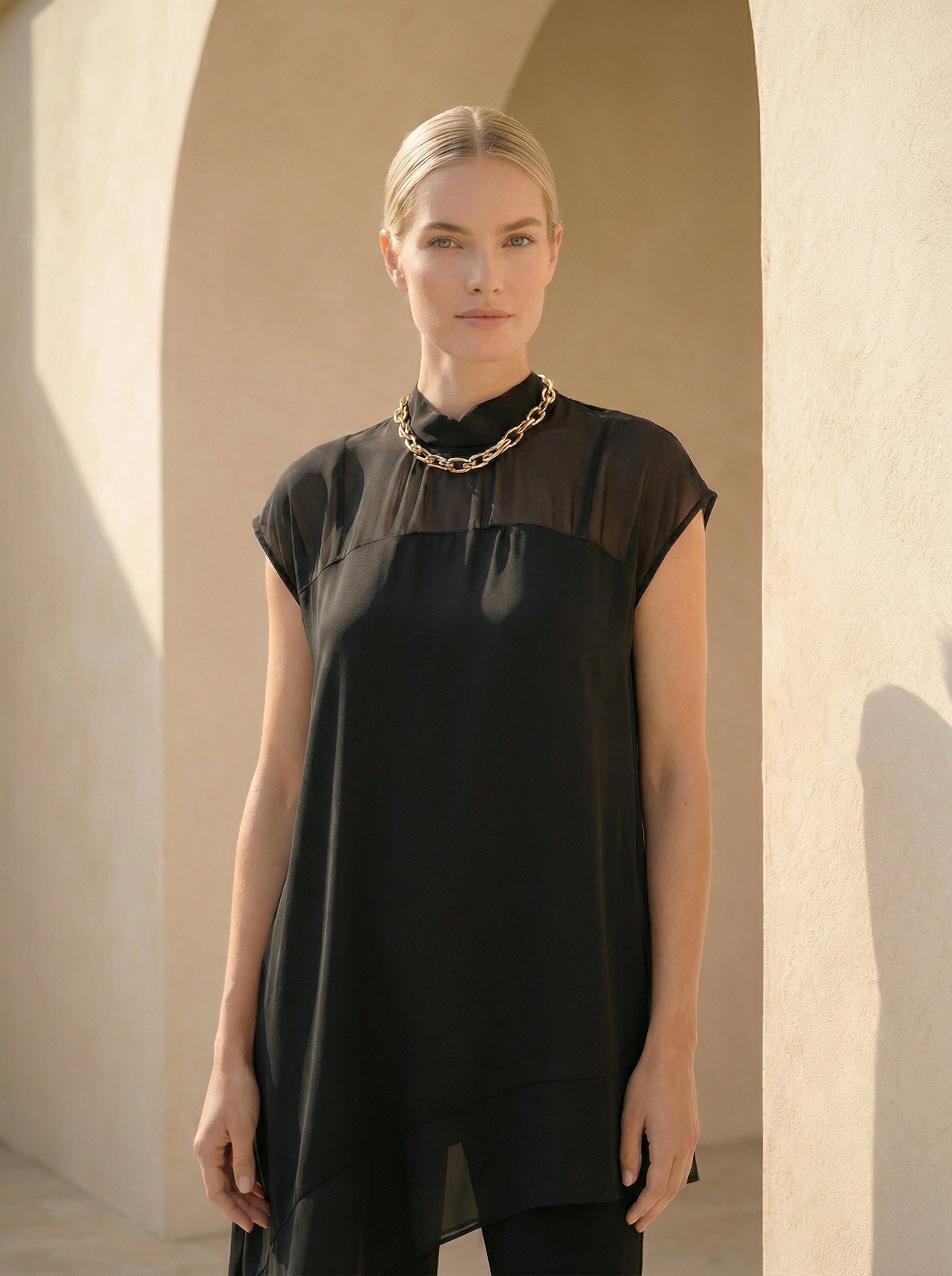 Black Asymmetric Satin Top With Sheer Chiffon Yoke