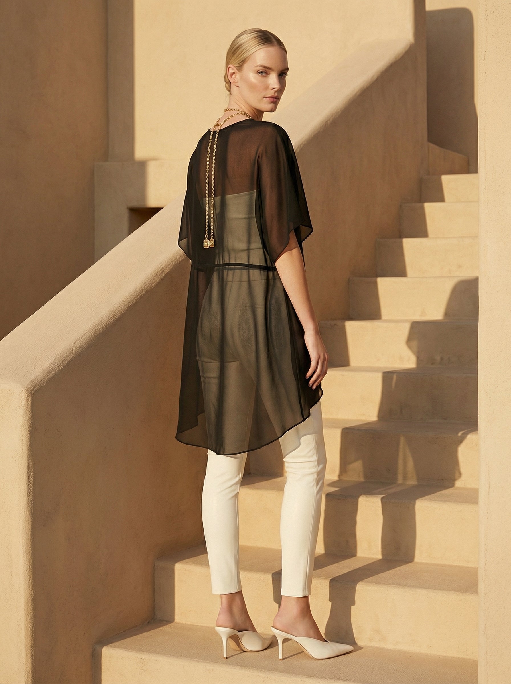 Black Sheer Chiffon High-Low Top With Rosette