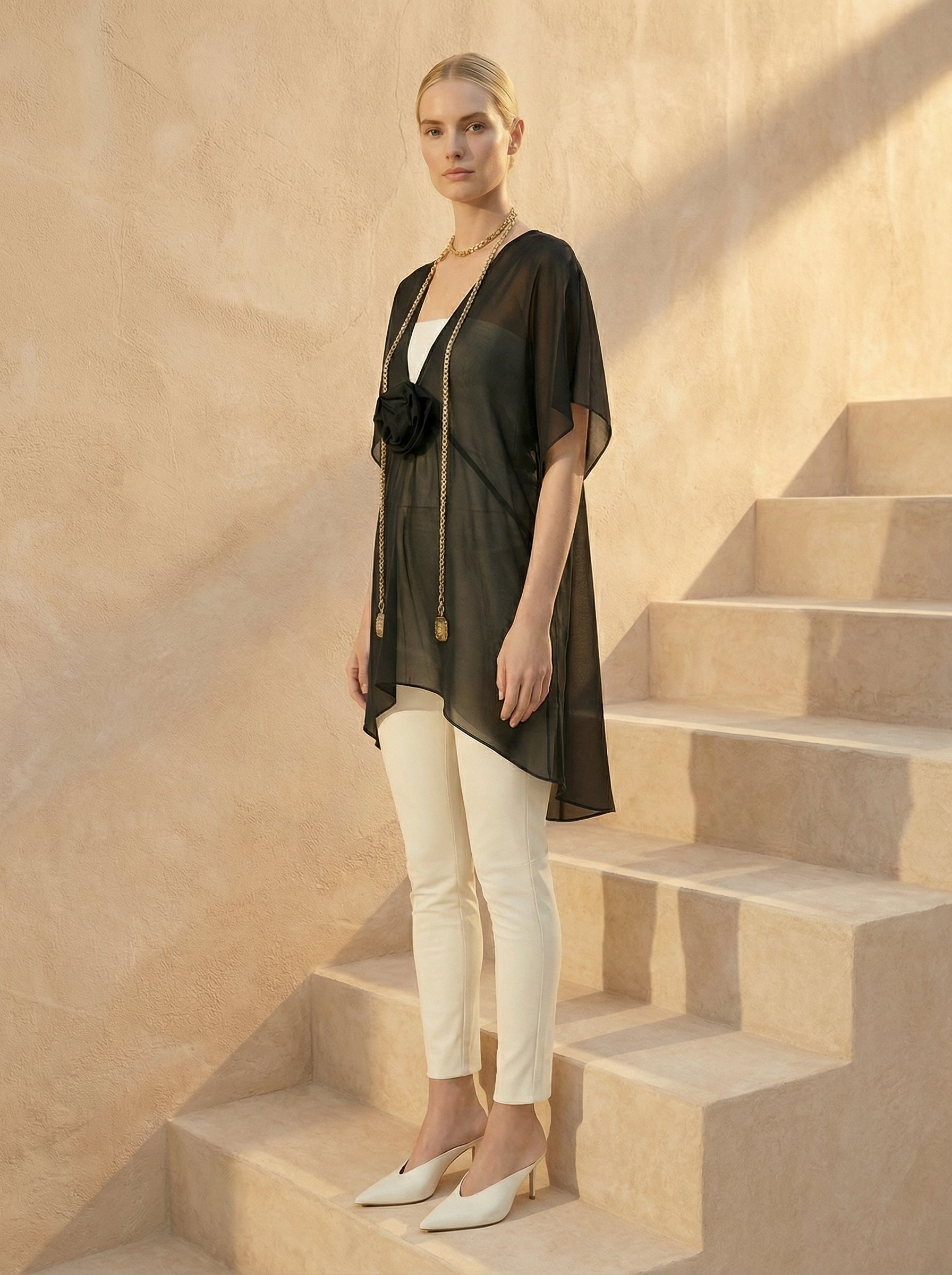 Black Sheer Chiffon High-Low Top With Rosette
