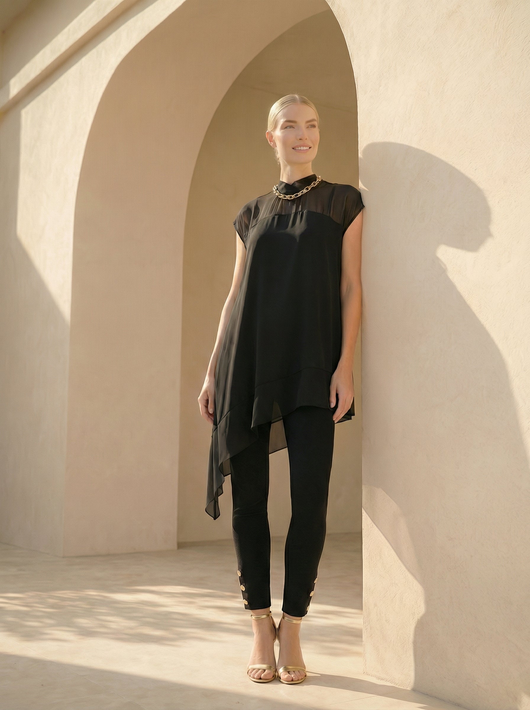 Black Asymmetric Satin Top With Sheer Chiffon Yoke