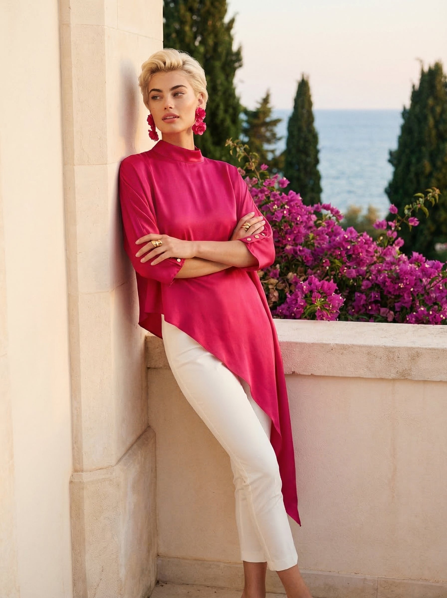Fuchsia Asymmetric Satin Top With Keyhole Back