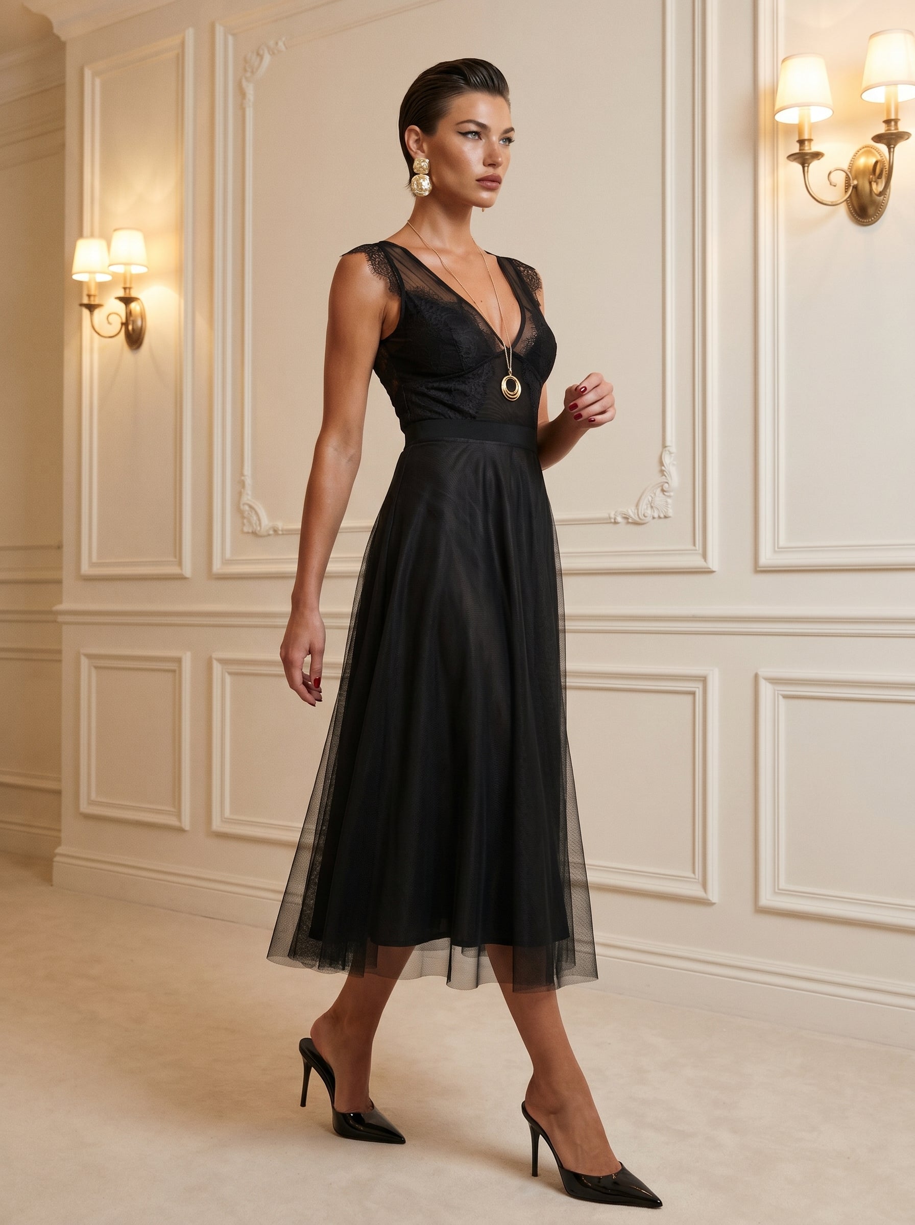 Black Lace V-Neck Midi Dress With Tulle Skirt