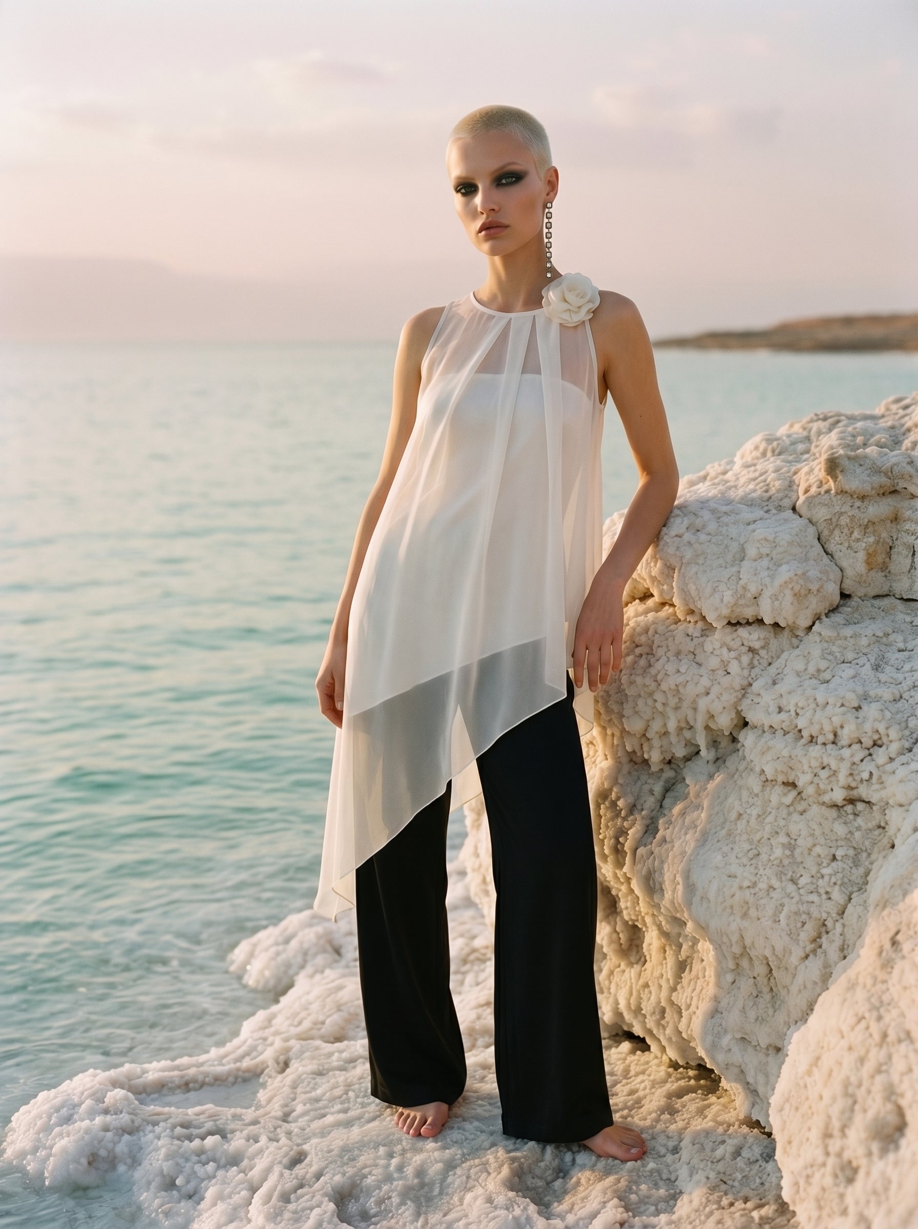 Two-Piece Asymmetrical Satin And Chiffon Top