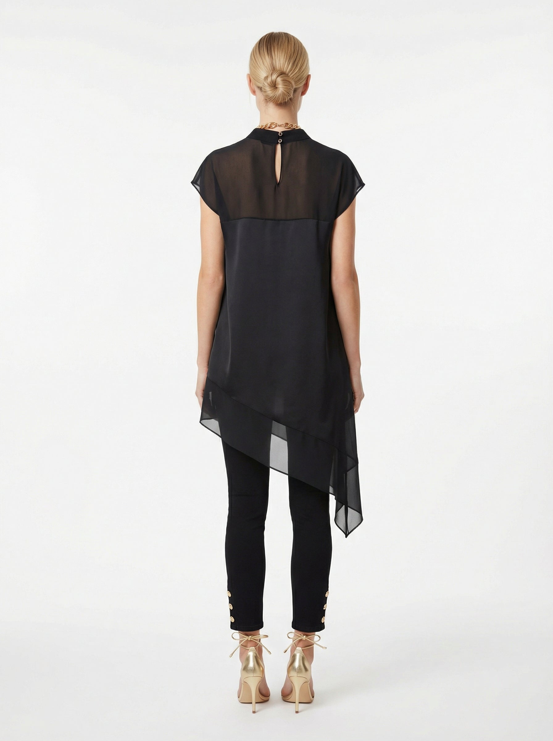 Black Asymmetric Satin Top With Sheer Chiffon Yoke