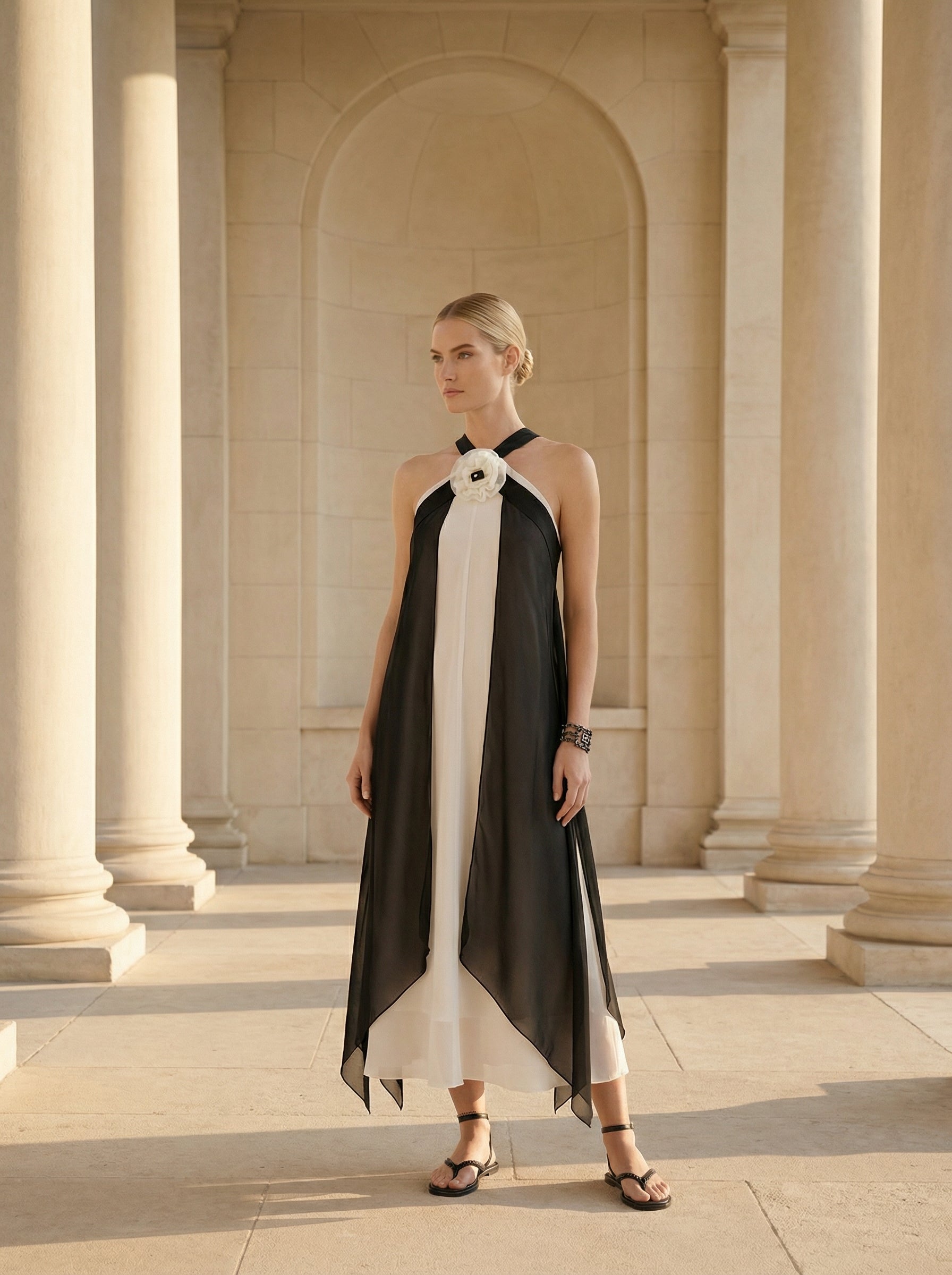 Transformable Halter Chiffon Dress With Removable Overlay