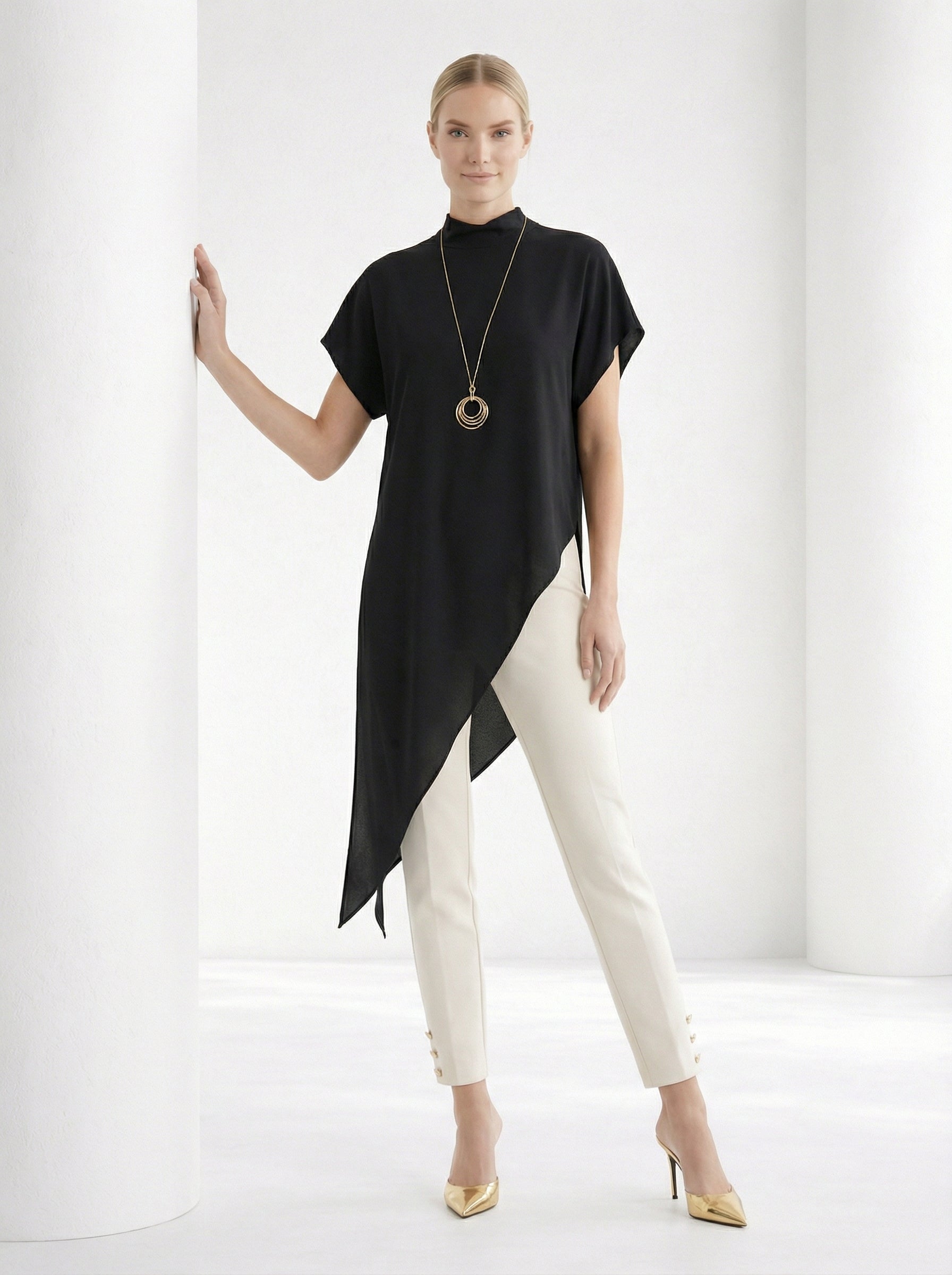 Black Asymmetric Satin Top With Stand Collar